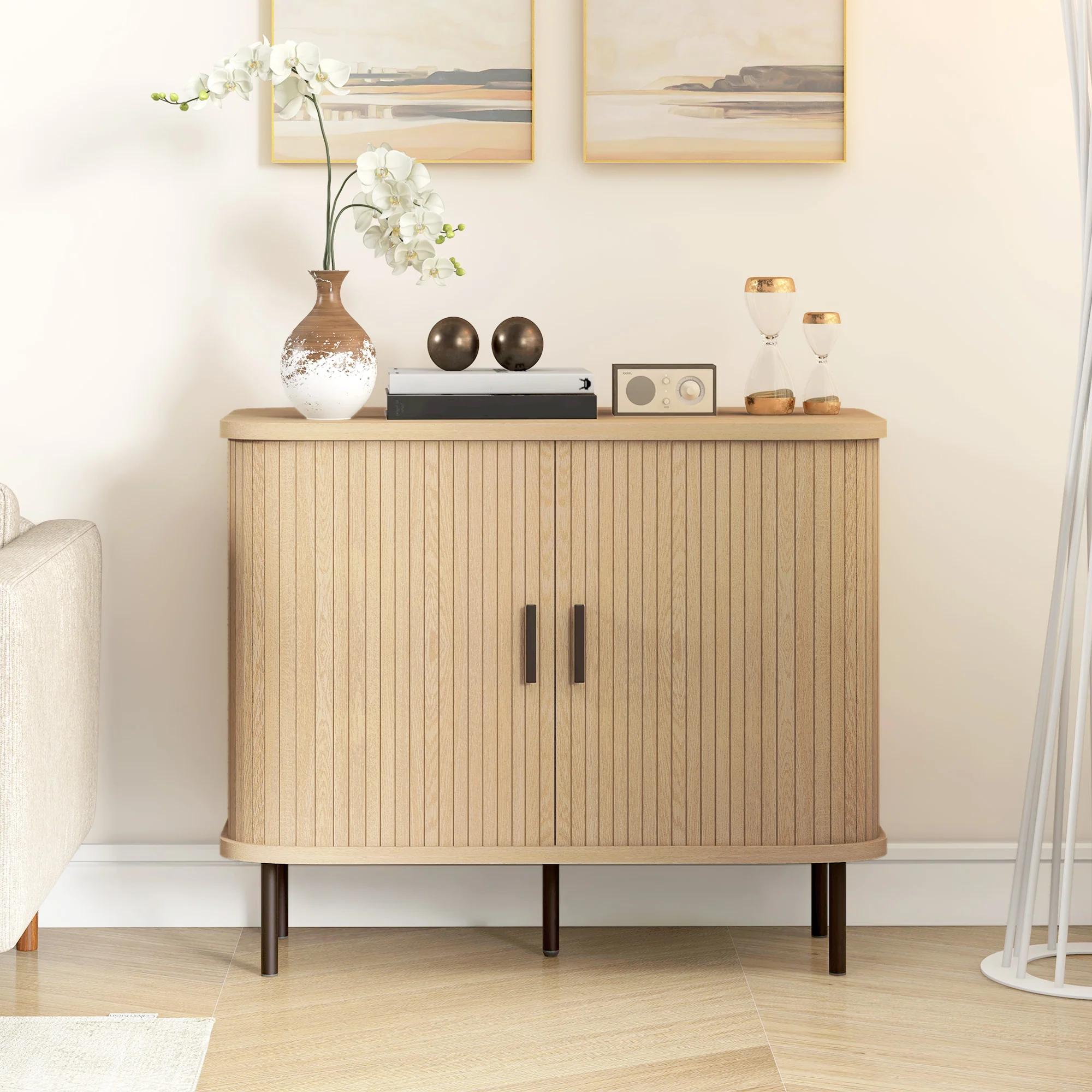 Buffet meuble de rangement avec portes coulissantes à lattes, armoire de cuisine avec pieds en acier, dim. 90L x 40l x 75H cm ton chêne - Image 3