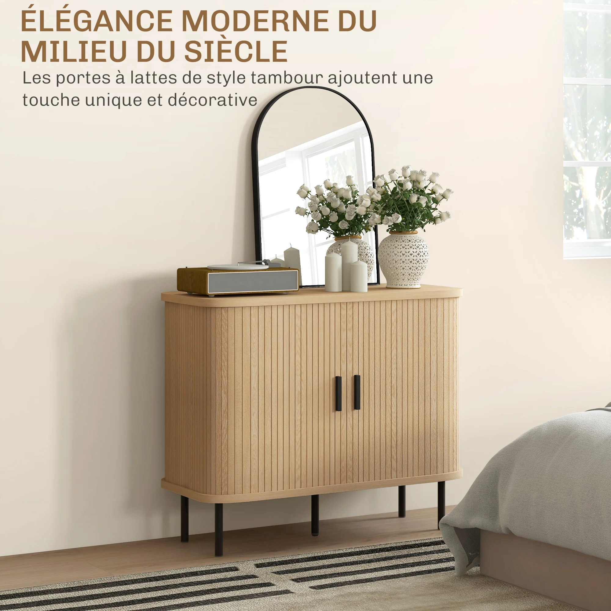 Buffet meuble de rangement avec portes coulissantes à lattes, armoire de cuisine avec pieds en acier, dim. 90L x 40l x 75H cm ton chêne - Image 5