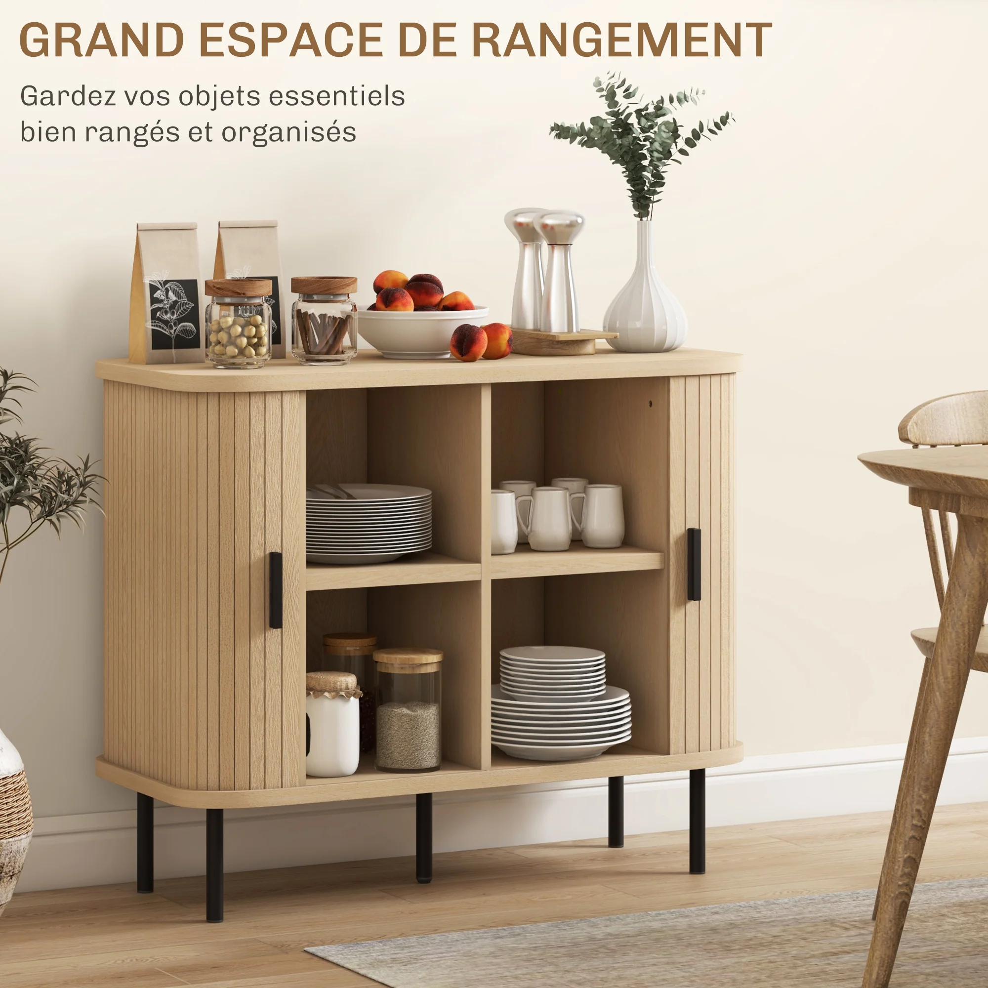Buffet meuble de rangement avec portes coulissantes à lattes, armoire de cuisine avec pieds en acier, dim. 90L x 40l x 75H cm ton chêne - Image 7