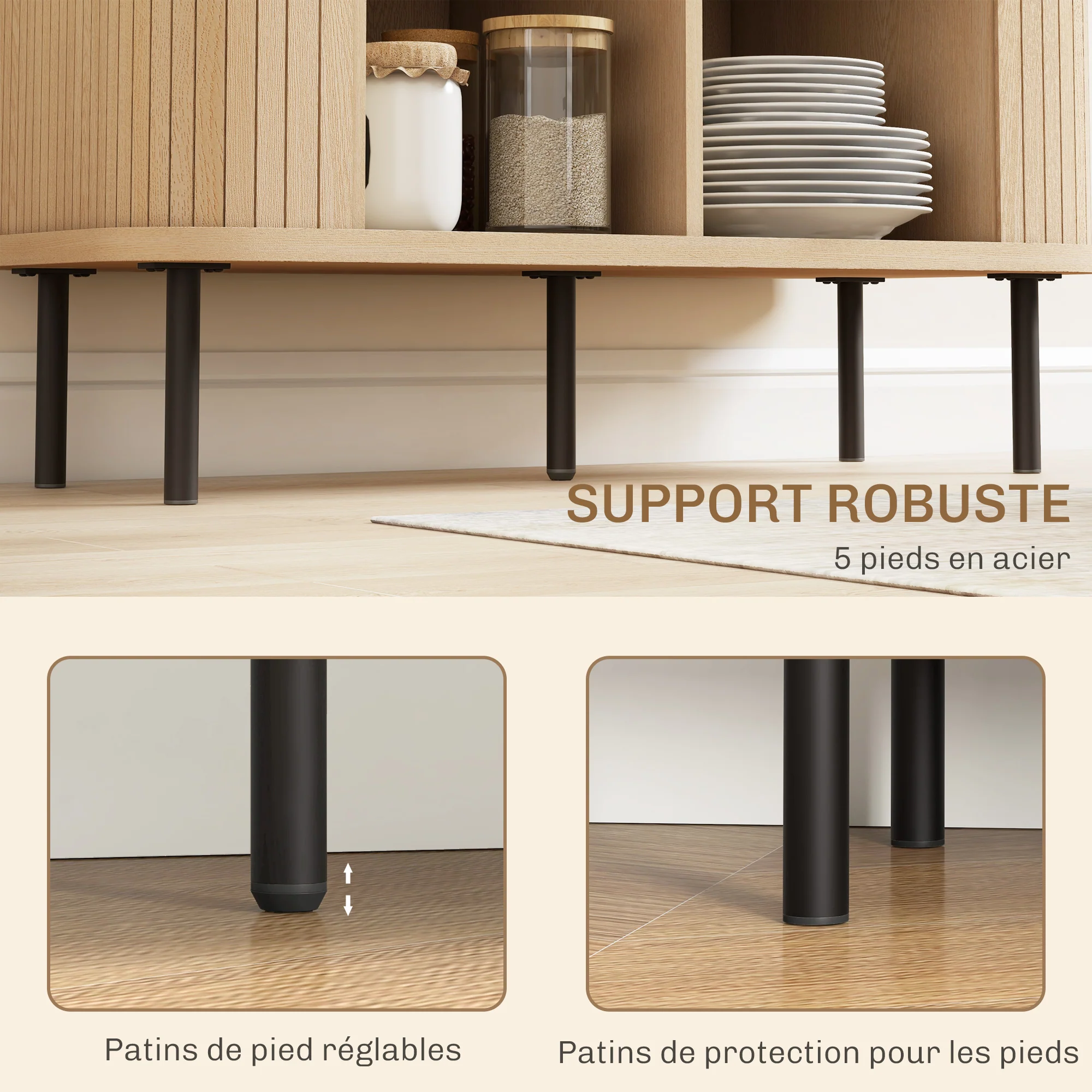 Buffet meuble de rangement avec portes coulissantes à lattes, armoire de cuisine avec pieds en acier, dim. 90L x 40l x 75H cm ton chêne - Image 8