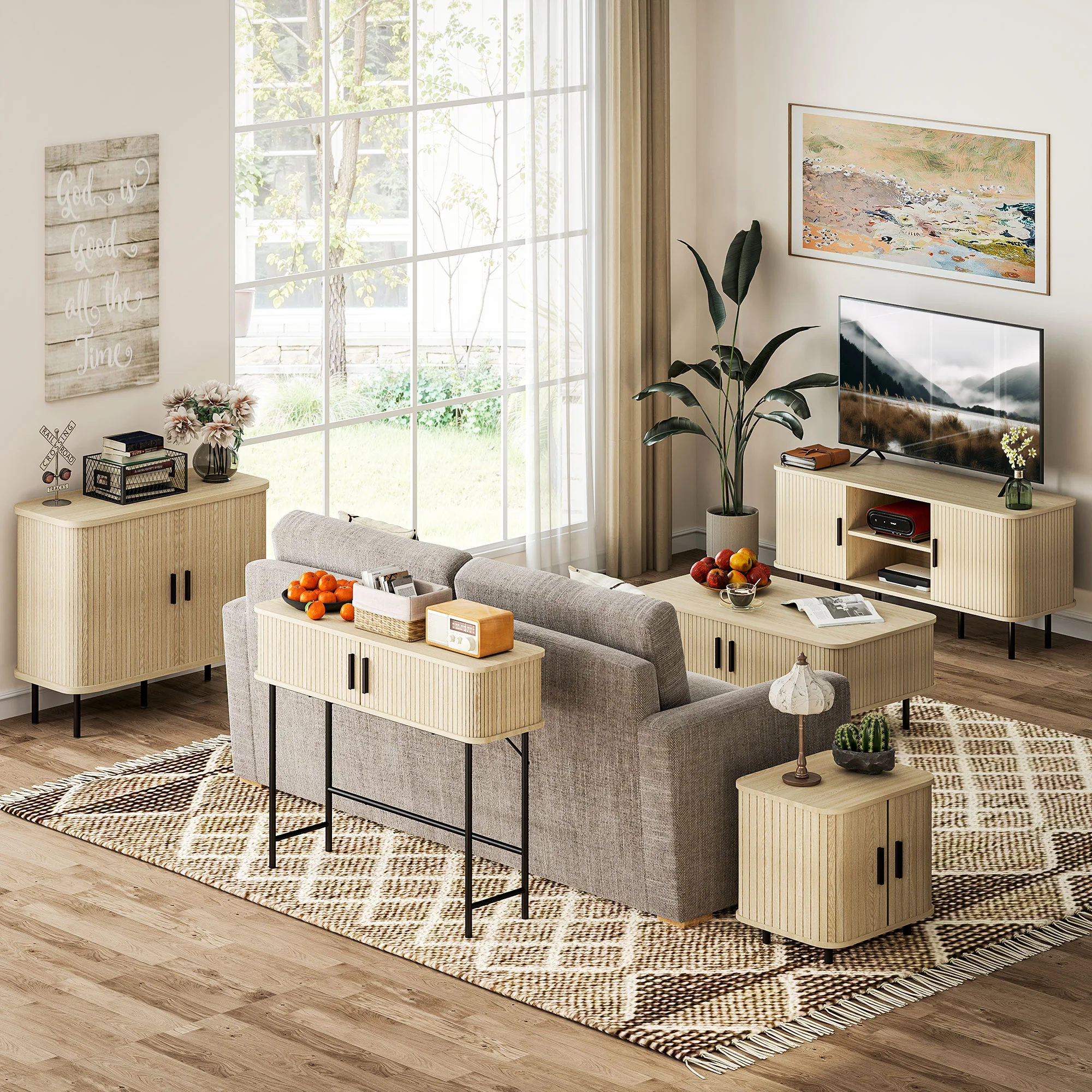 Buffet meuble de rangement avec portes coulissantes à lattes, armoire de cuisine avec pieds en acier, dim. 90L x 40l x 75H cm ton chêne - Image 9