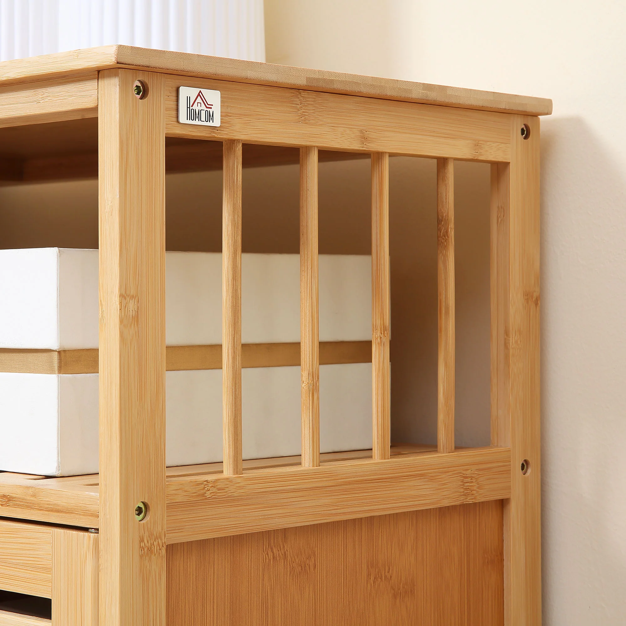 Buffet meuble de rangement en bois bambou avec 3 portes et étagères - 100 x 35 x 82 cm - Image 10