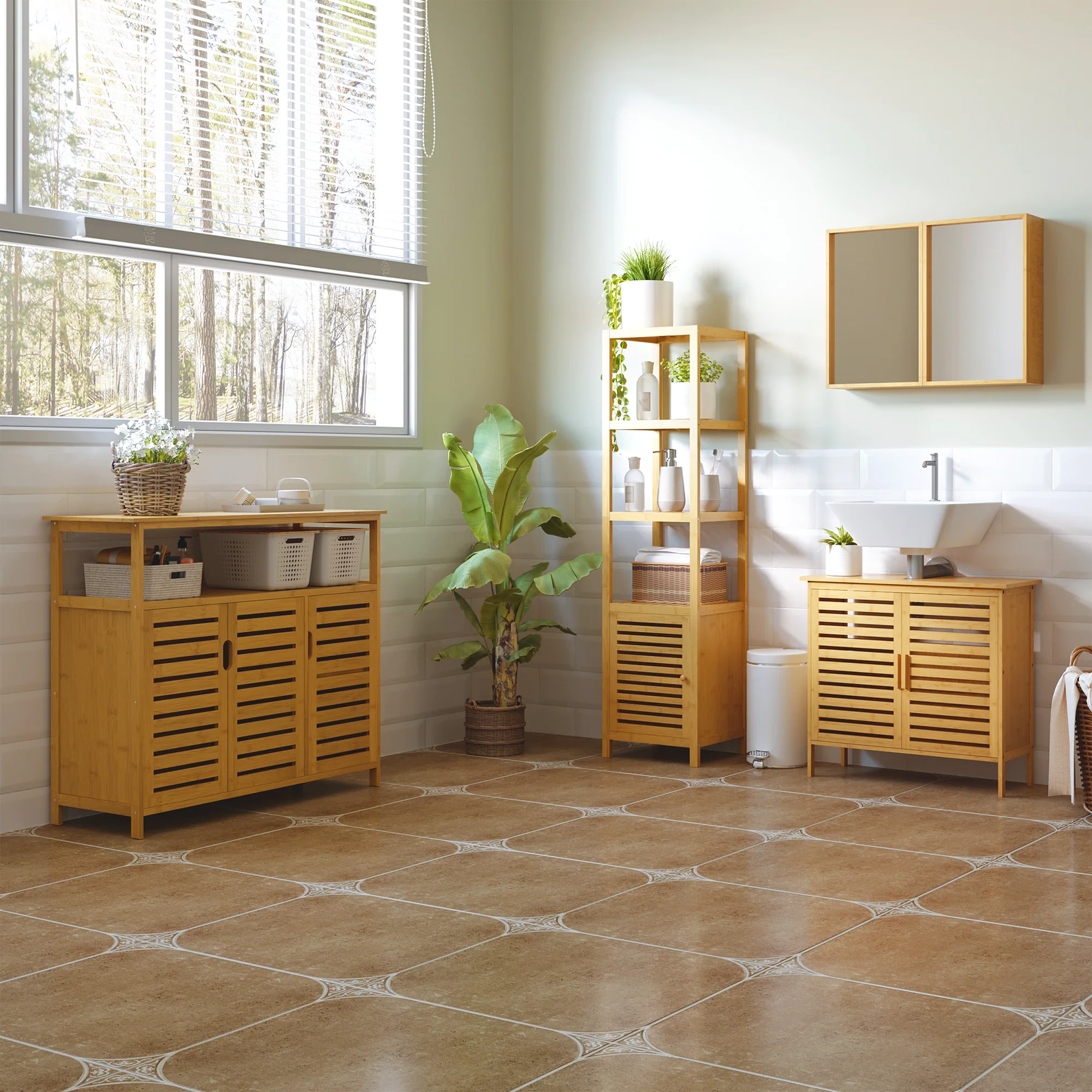 Buffet meuble de rangement en bois bambou avec 3 portes et étagères - 100 x 35 x 82 cm - Image 3