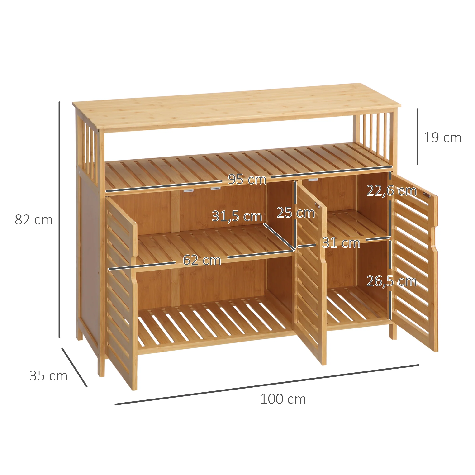 Buffet meuble de rangement en bois bambou avec 3 portes et étagères - 100 x 35 x 82 cm - Image 4