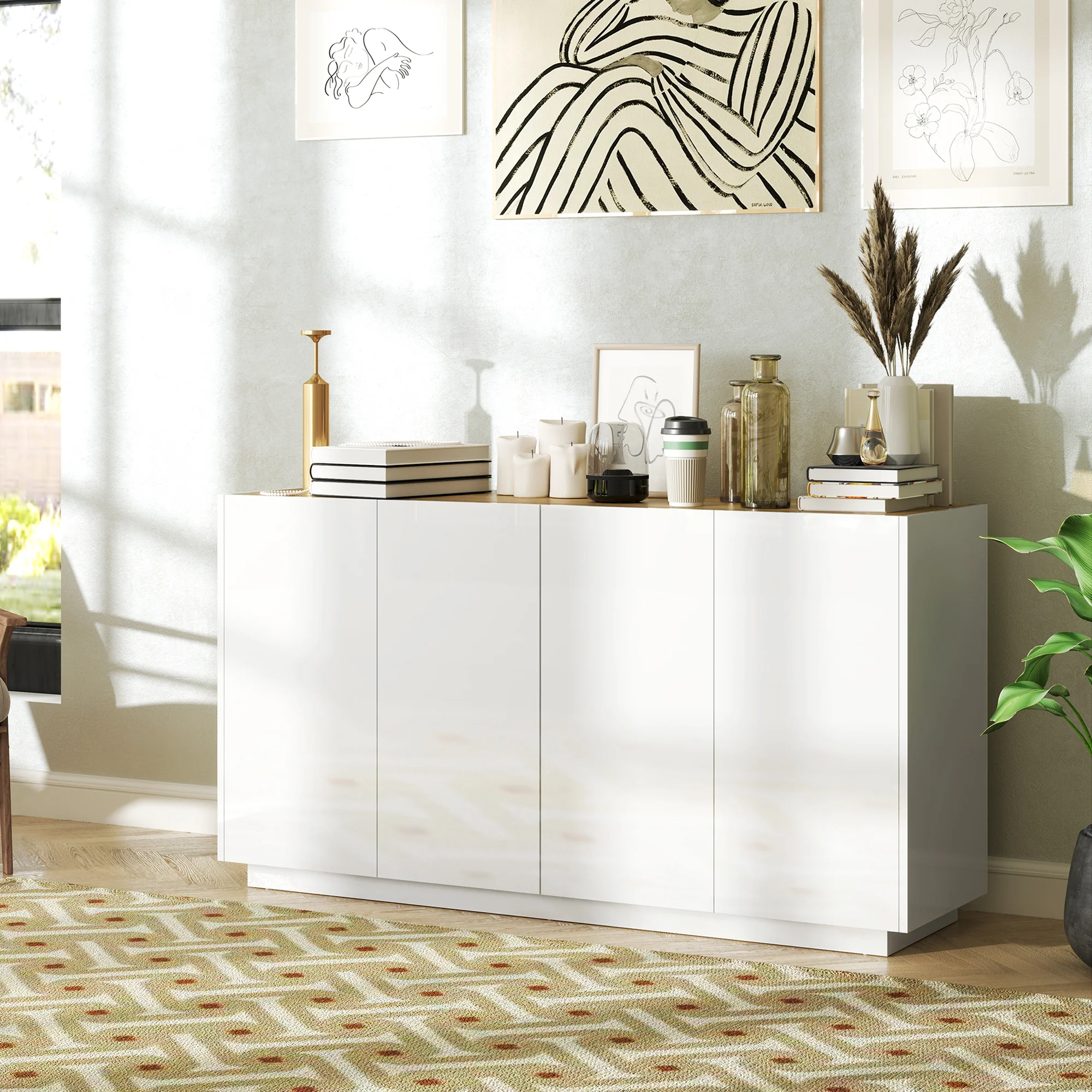 Buffet salle à manger, buffet cuisine, avec 4 portes à fermeture douce et étagères réglables, 140 x 40 x 75 cm, blanc laqué - Image 3