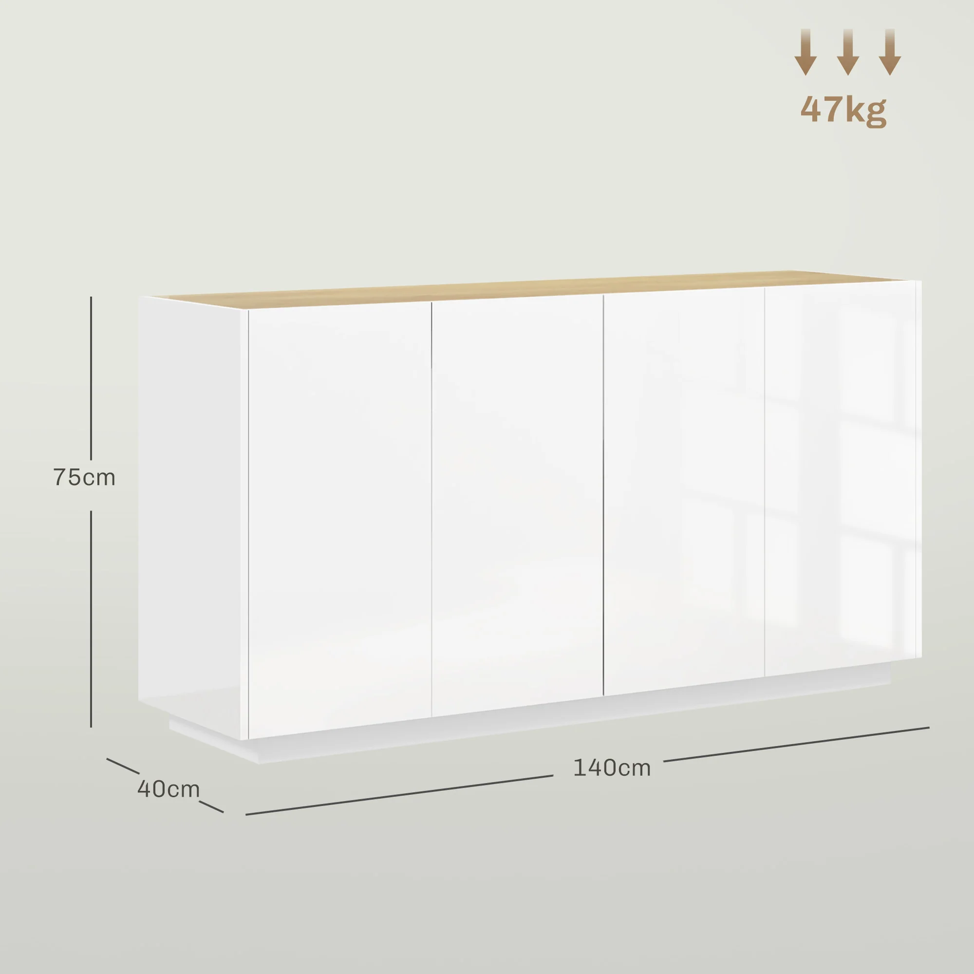 Buffet salle à manger, buffet cuisine, avec 4 portes à fermeture douce et étagères réglables, 140 x 40 x 75 cm, blanc laqué - Image 4