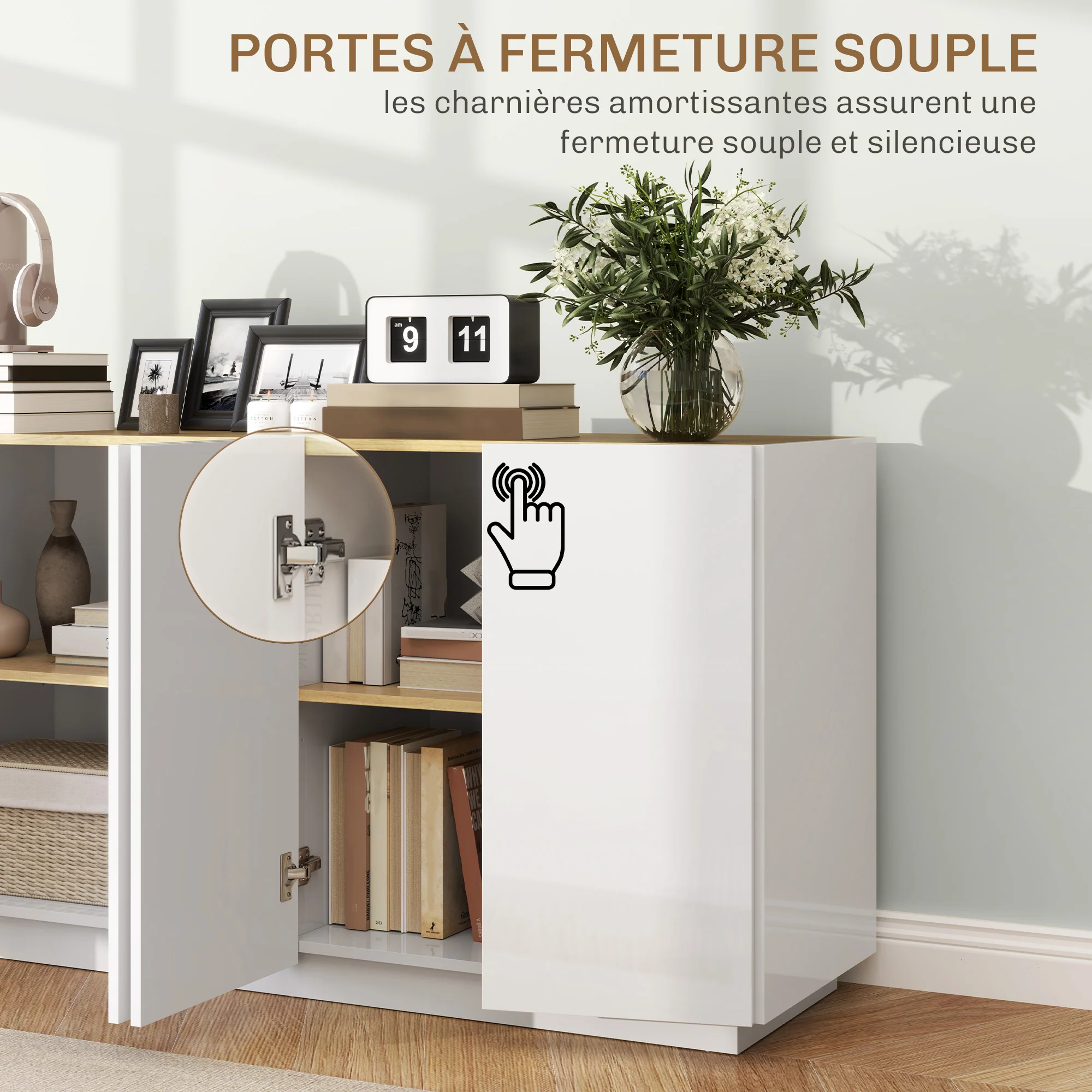 Buffet salle à manger, buffet cuisine, avec 4 portes à fermeture douce et étagères réglables, 140 x 40 x 75 cm, blanc laqué - Image 6