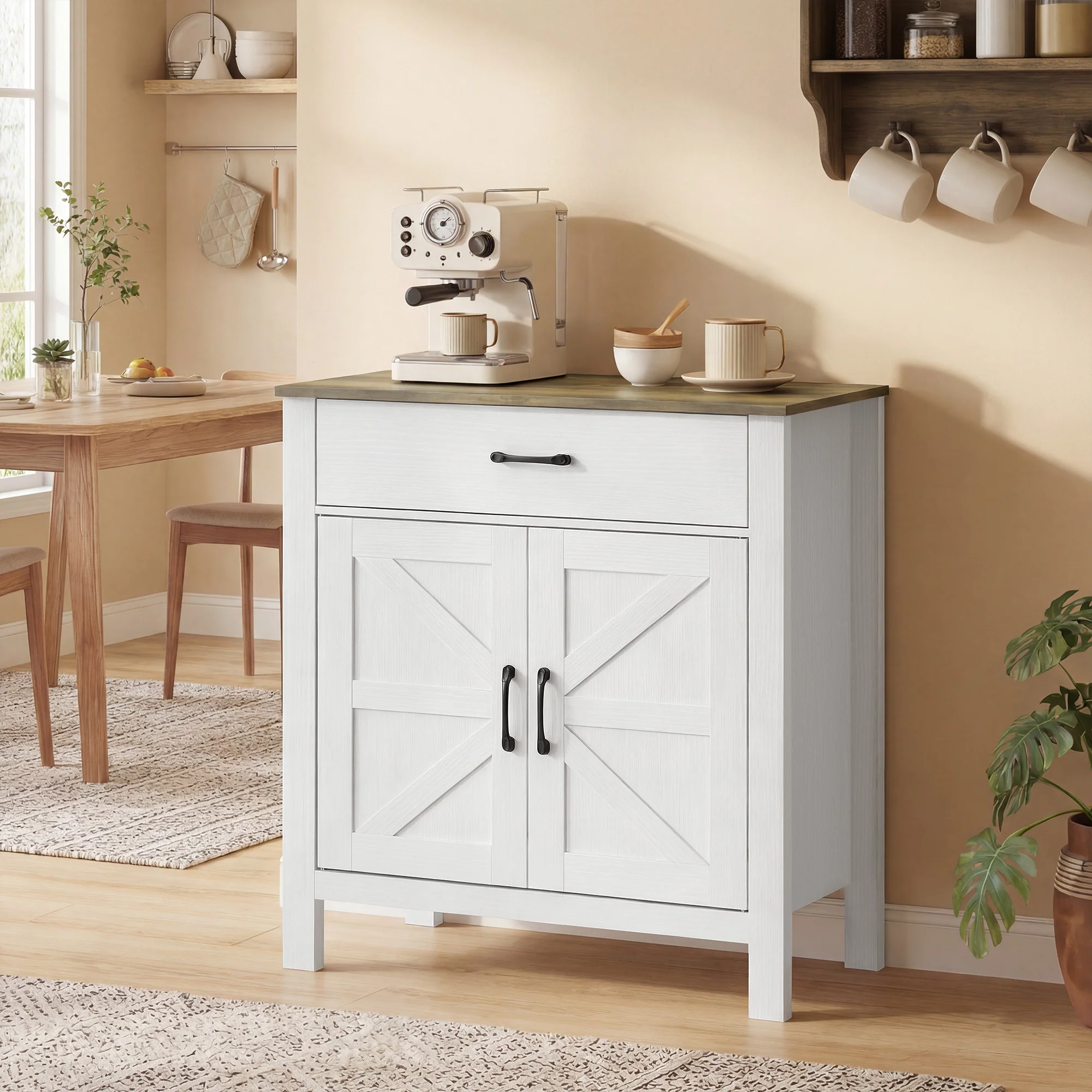 Buffet salon, meuble de rangement avec 2 portes de grange, tiroir et étagère réglable, style rustique, buffet salle à manger et cuisine, 77 x 39,3 x 81,5 cm, blanc et marron - Image 10