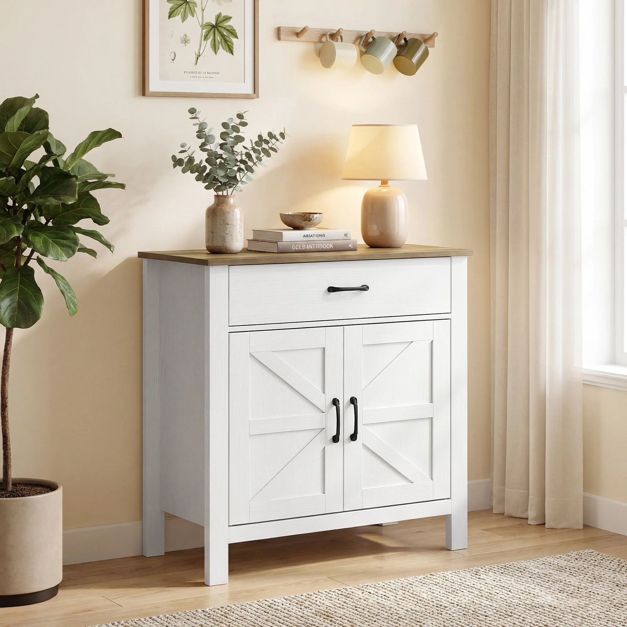 Buffet salon, meuble de rangement avec 2 portes de grange, tiroir et étagère réglable, style rustique, buffet salle à manger et cuisine, 77 x 39,3 x 81,5 cm, blanc et marron - Image 11