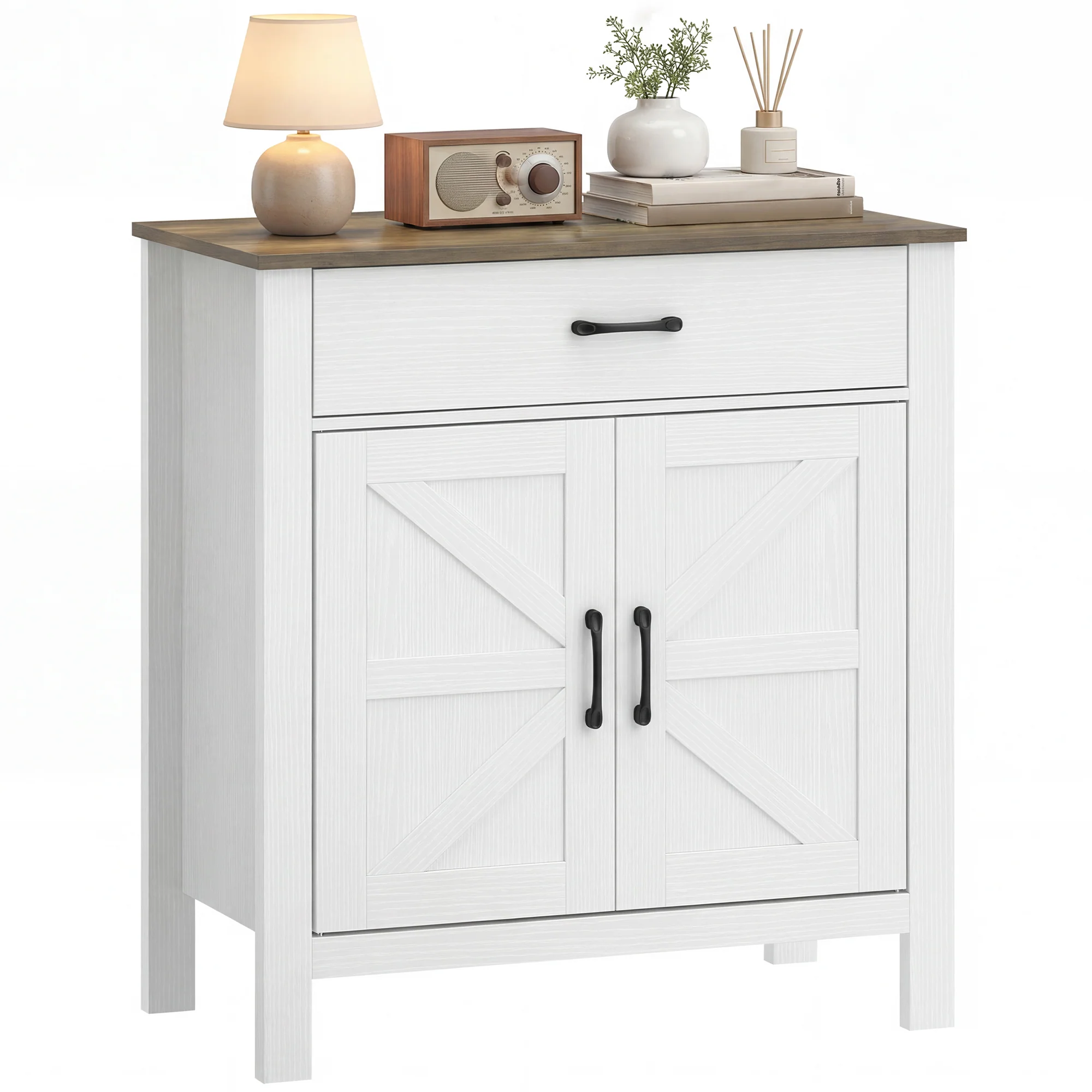 Buffet salon, meuble de rangement avec 2 portes de grange, tiroir et étagère réglable, style rustique, buffet salle à manger et cuisine, 77 x 39,3 x 81,5 cm, blanc et marron - Image 12