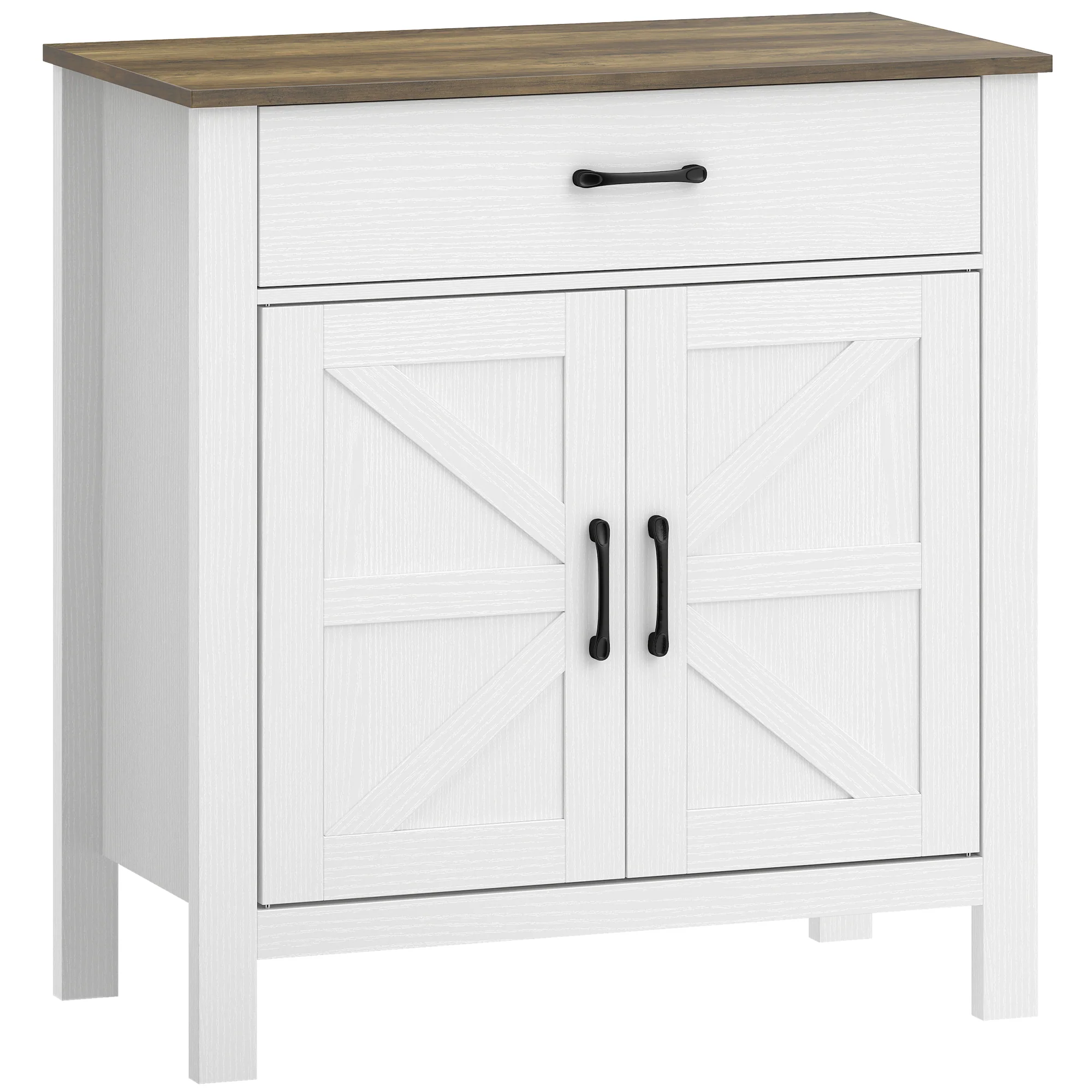 Buffet salon, meuble de rangement avec 2 portes de grange, tiroir et étagère réglable, style rustique, buffet salle à manger et cuisine, 77 x 39,3 x 81,5 cm, blanc et marron - Image 2