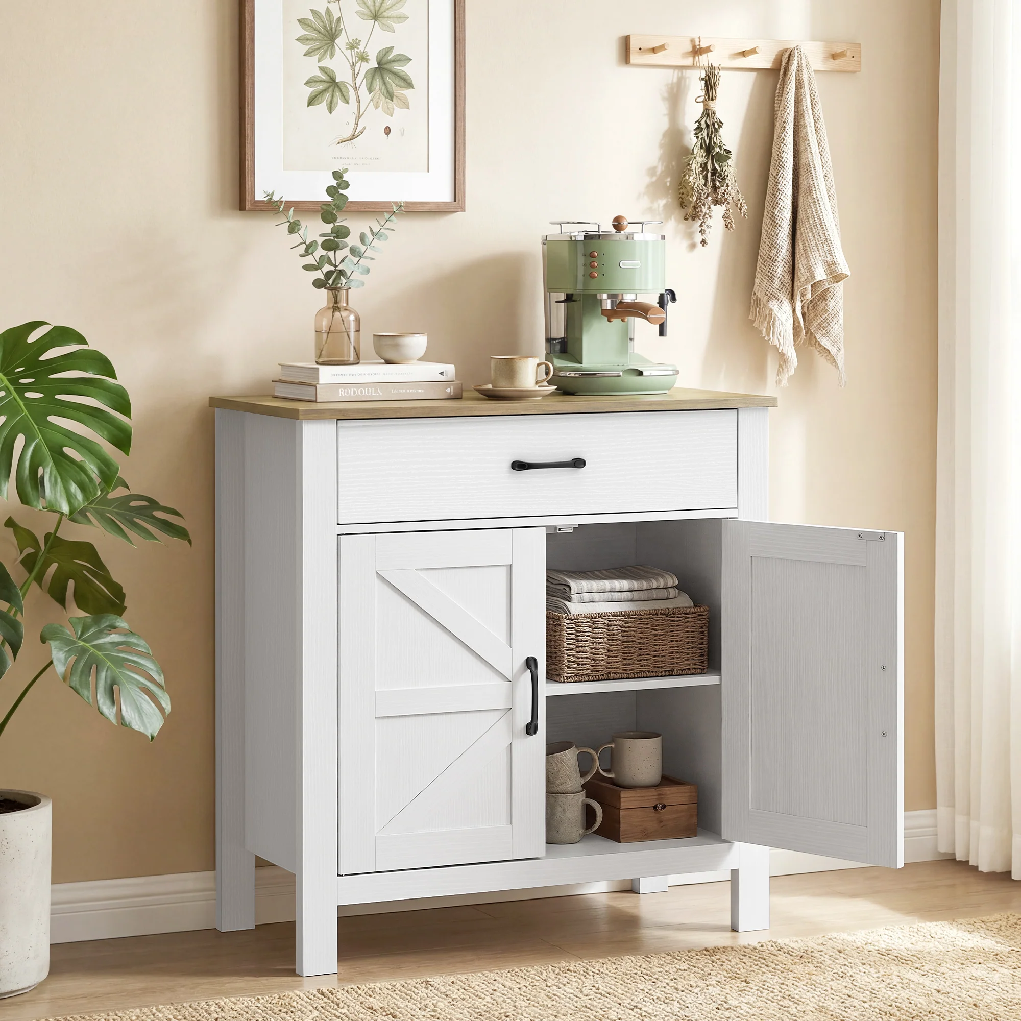 Buffet salon, meuble de rangement avec 2 portes de grange, tiroir et étagère réglable, style rustique, buffet salle à manger et cuisine, 77 x 39,3 x 81,5 cm, blanc et marron - Image 3