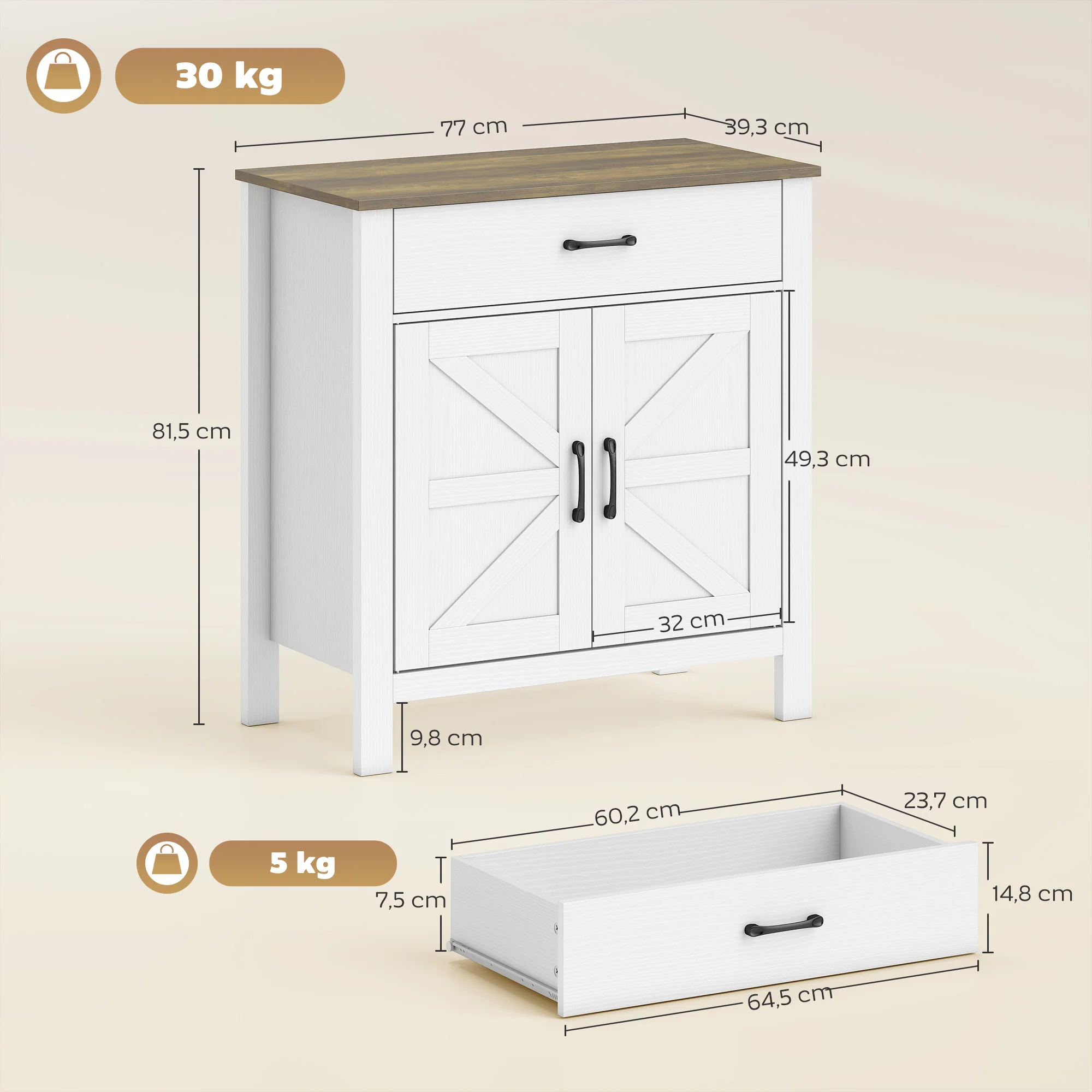 Buffet salon, meuble de rangement avec 2 portes de grange, tiroir et étagère réglable, style rustique, buffet salle à manger et cuisine, 77 x 39,3 x 81,5 cm, blanc et marron - Image 4