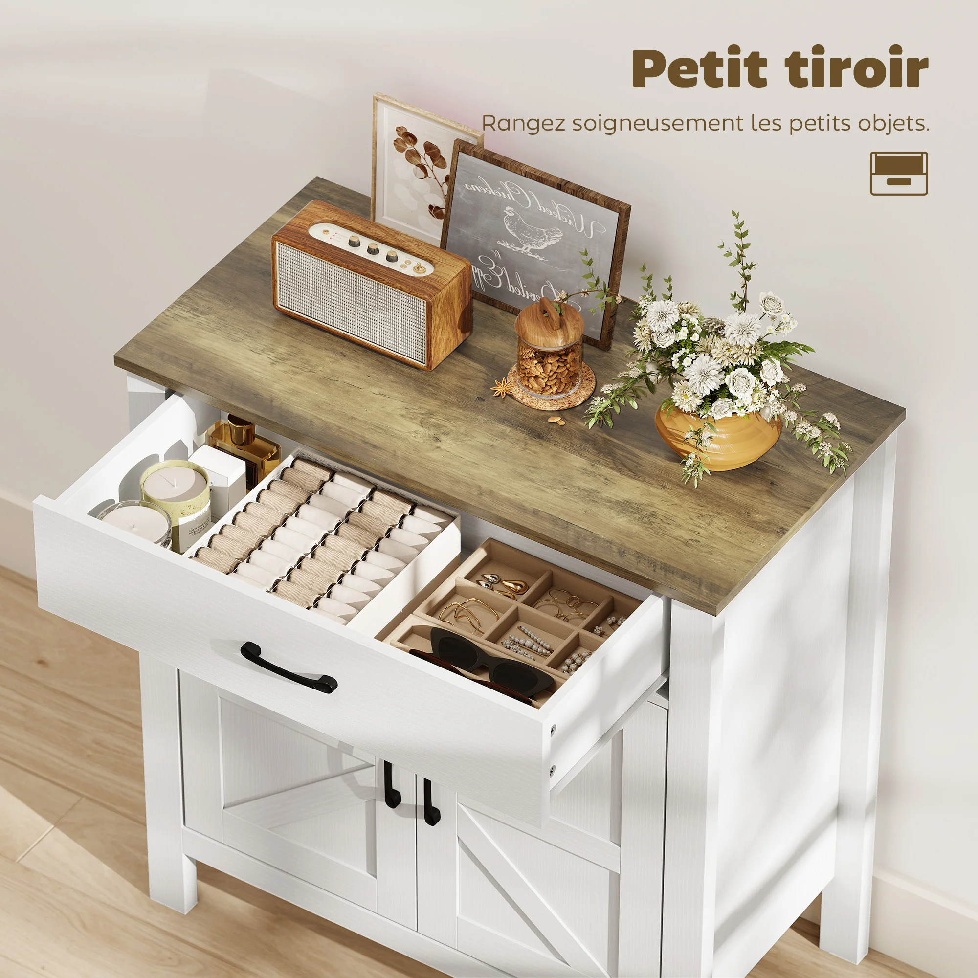 Buffet salon, meuble de rangement avec 2 portes de grange, tiroir et étagère réglable, style rustique, buffet salle à manger et cuisine, 77 x 39,3 x 81,5 cm, blanc et marron - Image 5