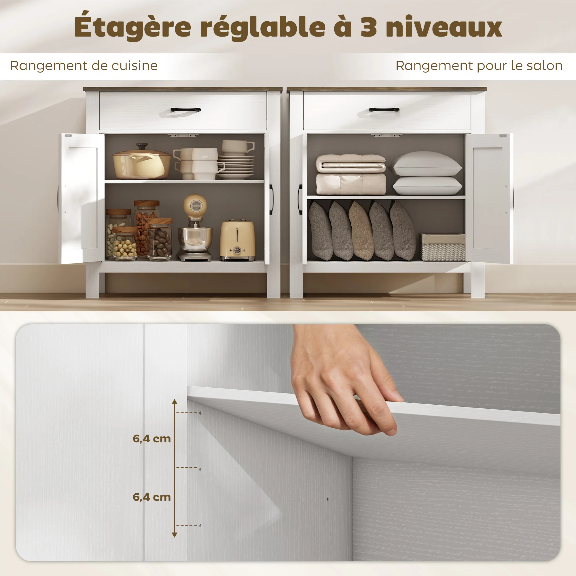 Buffet salon, meuble de rangement avec 2 portes de grange, tiroir et étagère réglable, style rustique, buffet salle à manger et cuisine, 77 x 39,3 x 81,5 cm, blanc et marron - Image 6