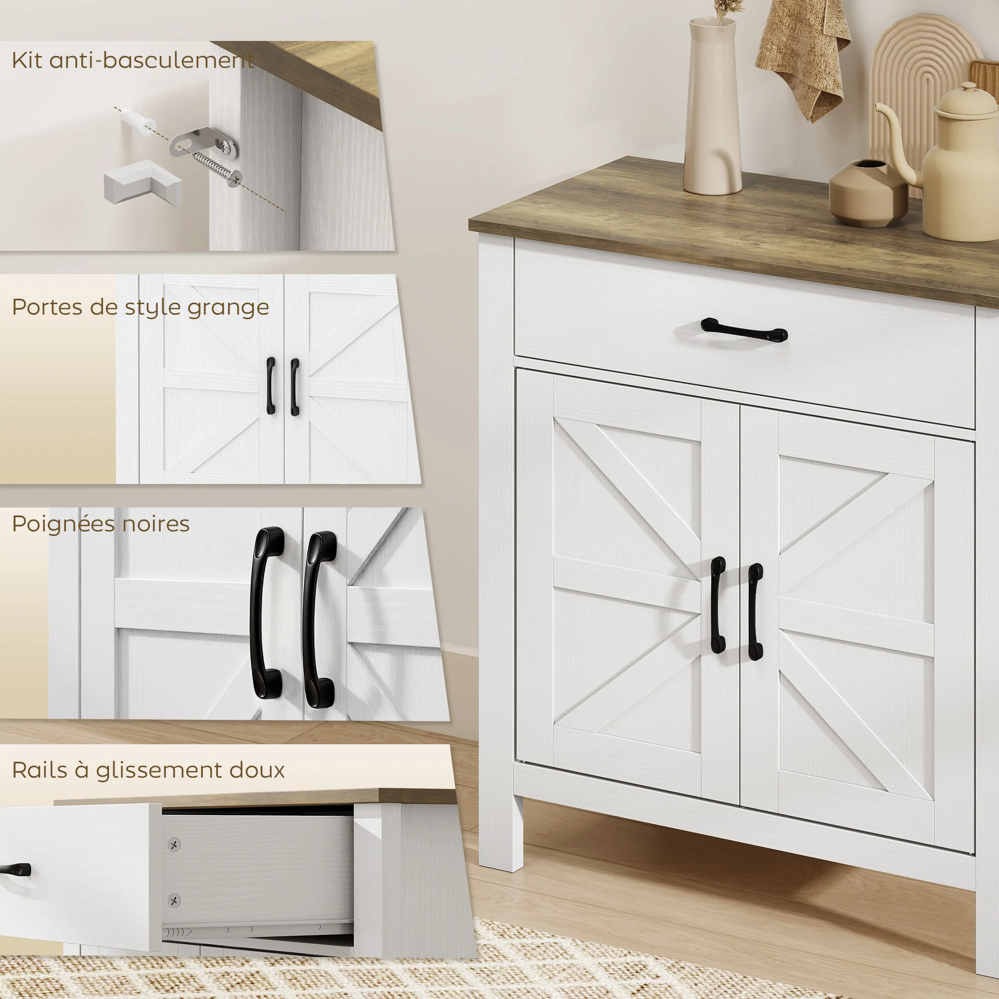 Buffet salon, meuble de rangement avec 2 portes de grange, tiroir et étagère réglable, style rustique, buffet salle à manger et cuisine, 77 x 39,3 x 81,5 cm, blanc et marron - Image 7