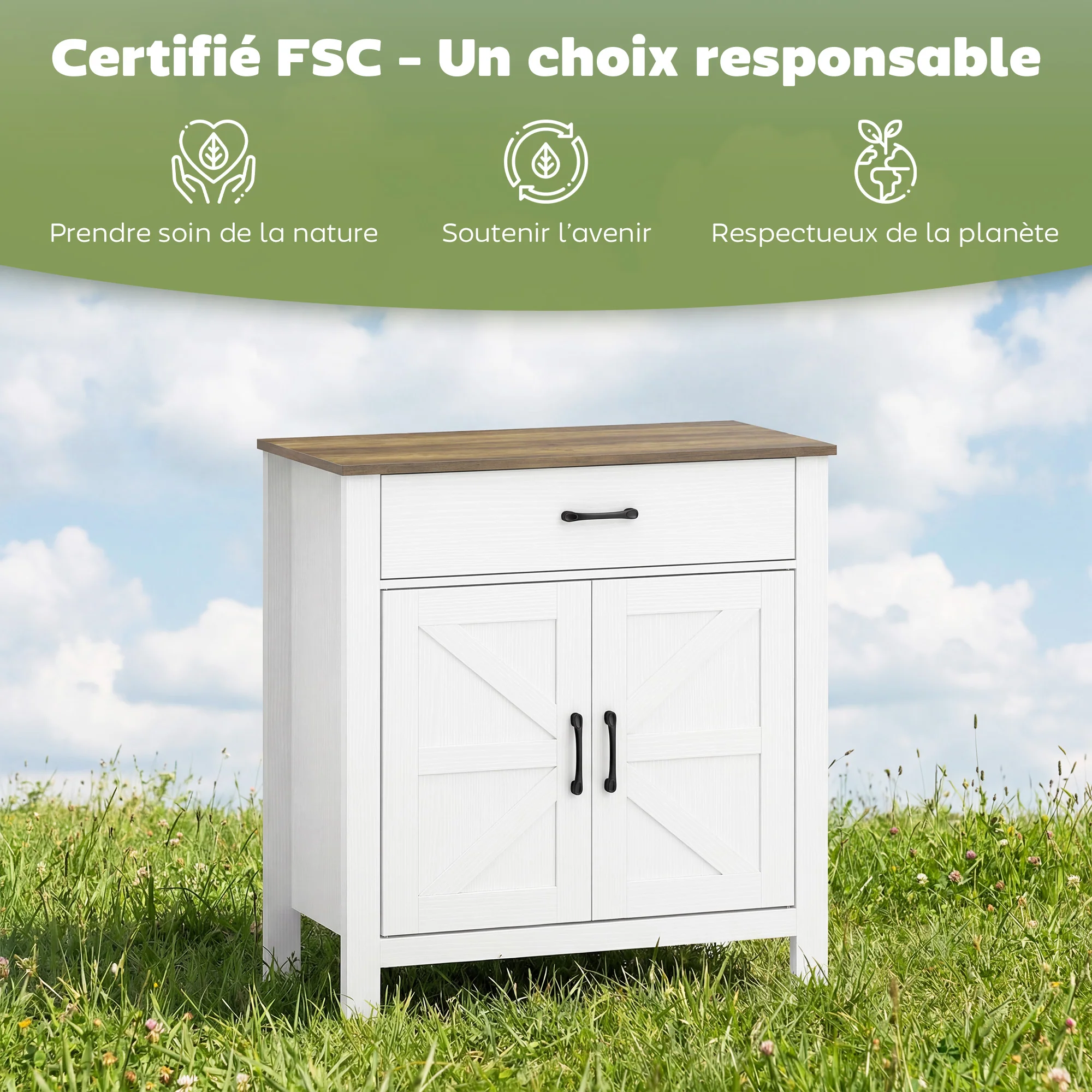 Buffet salon, meuble de rangement avec 2 portes de grange, tiroir et étagère réglable, style rustique, buffet salle à manger et cuisine, 77 x 39,3 x 81,5 cm, blanc et marron - Image 8
