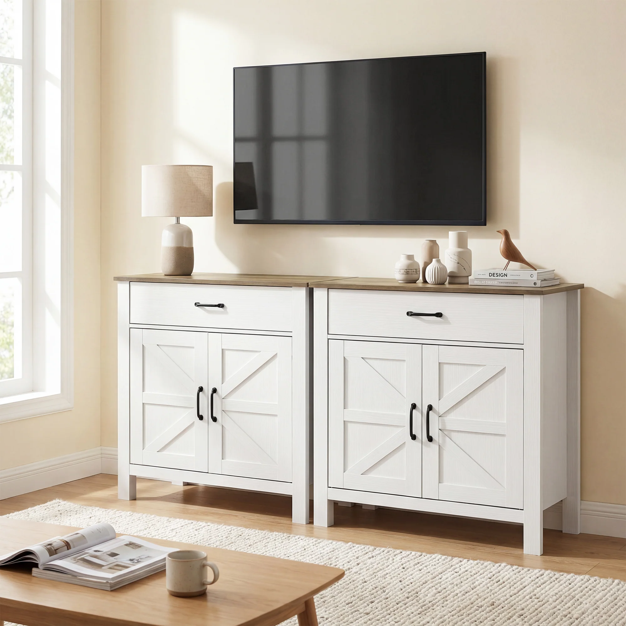 Buffet salon, meuble de rangement avec 2 portes de grange, tiroir et étagère réglable, style rustique, buffet salle à manger et cuisine, 77 x 39,3 x 81,5 cm, blanc et marron - Image 9