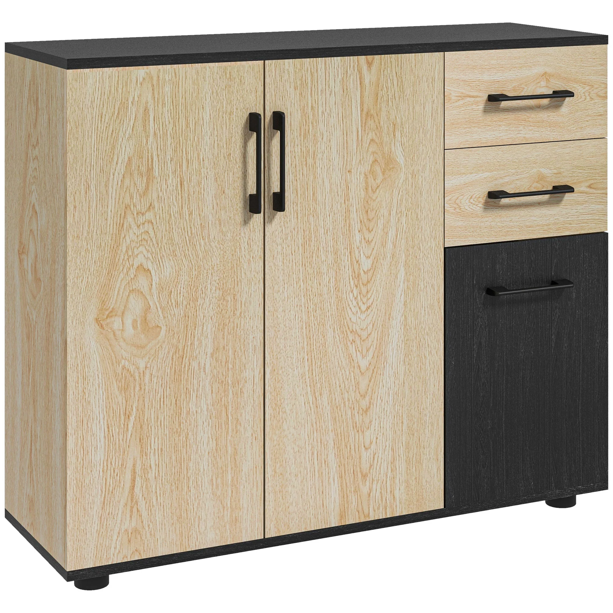 Buffet salon, meuble de rangement avec 3 portes, 2 tiroirs et étagère réglable, style moderne, buffet salle à manger, cuisine et salon, 90 x 30 x 75,5 cm, noir et bois naturel - Image 2