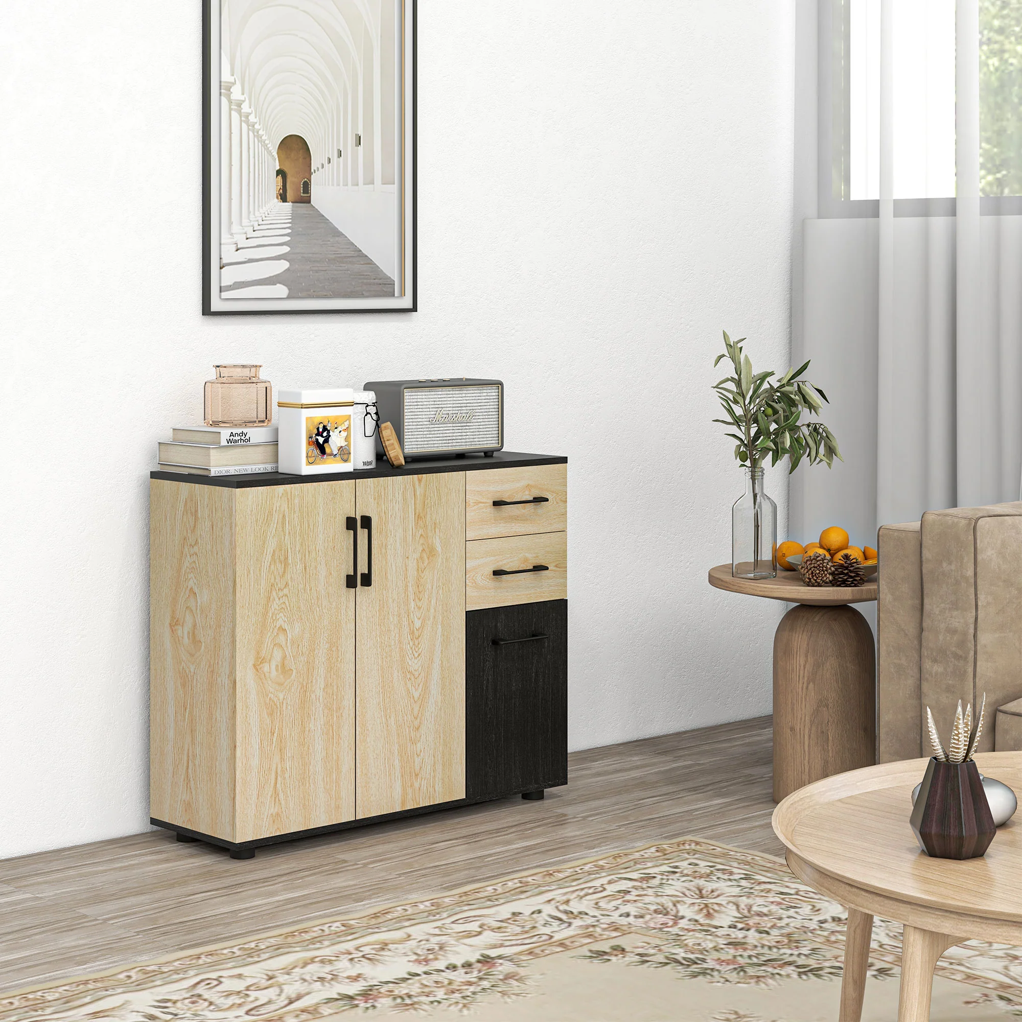 Buffet salon, meuble de rangement avec 3 portes, 2 tiroirs et étagère réglable, style moderne, buffet salle à manger, cuisine et salon, 90 x 30 x 75,5 cm, noir et bois naturel - Image 3