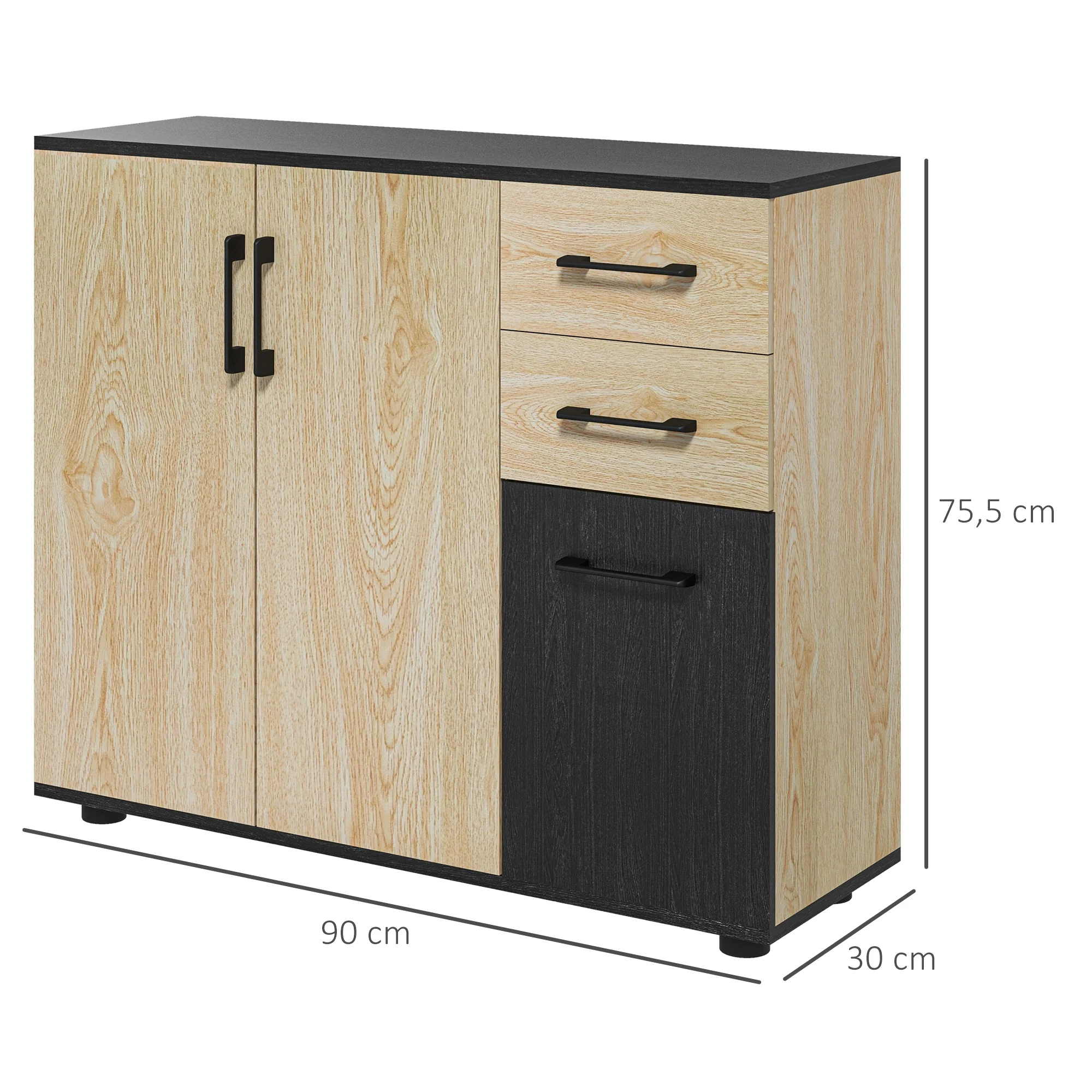 Buffet salon, meuble de rangement avec 3 portes, 2 tiroirs et étagère réglable, style moderne, buffet salle à manger, cuisine et salon, 90 x 30 x 75,5 cm, noir et bois naturel - Image 4