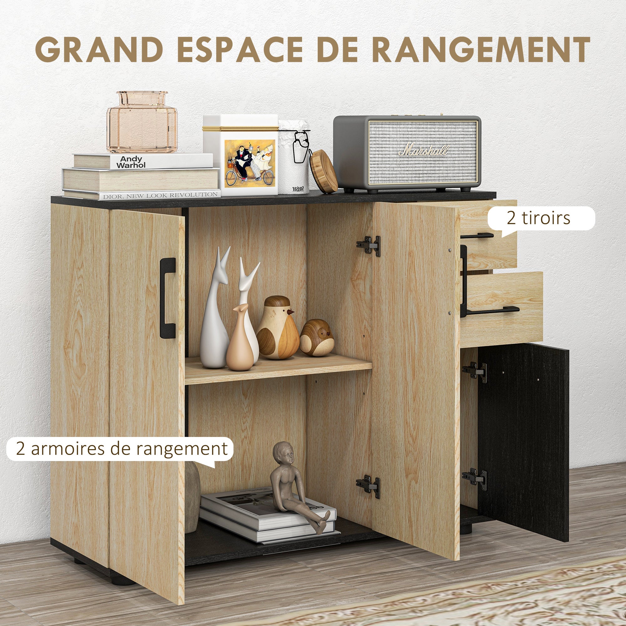 Buffet salon, meuble de rangement avec 3 portes, 2 tiroirs et étagère réglable, style moderne, buffet salle à manger, cuisine et salon, 90 x 30 x 75,5 cm, noir et bois naturel - Image 5