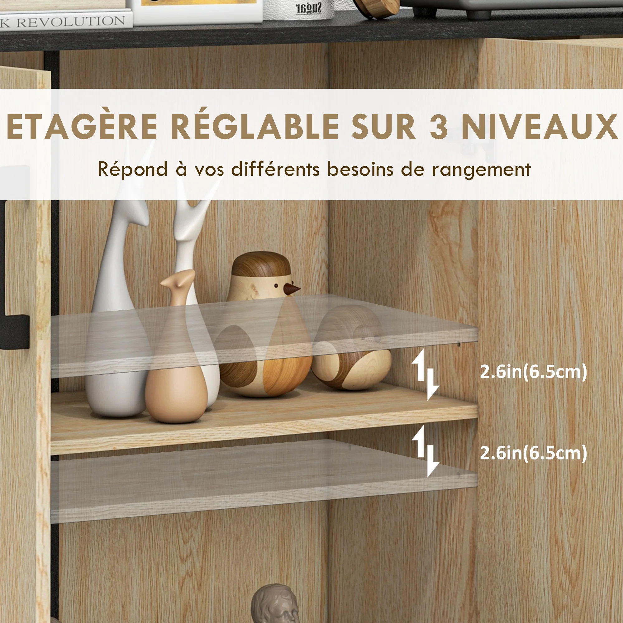 Buffet salon, meuble de rangement avec 3 portes, 2 tiroirs et étagère réglable, style moderne, buffet salle à manger, cuisine et salon, 90 x 30 x 75,5 cm, noir et bois naturel - Image 6