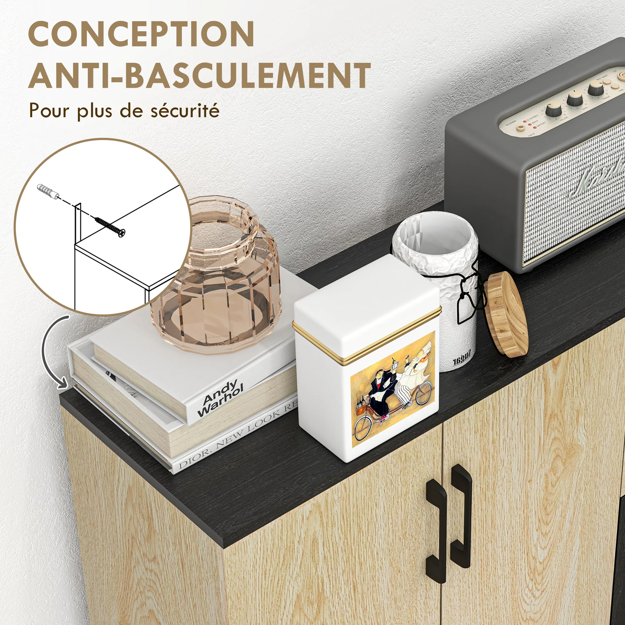 Buffet salon, meuble de rangement avec 3 portes, 2 tiroirs et étagère réglable, style moderne, buffet salle à manger, cuisine et salon, 90 x 30 x 75,5 cm, noir et bois naturel - Image 7