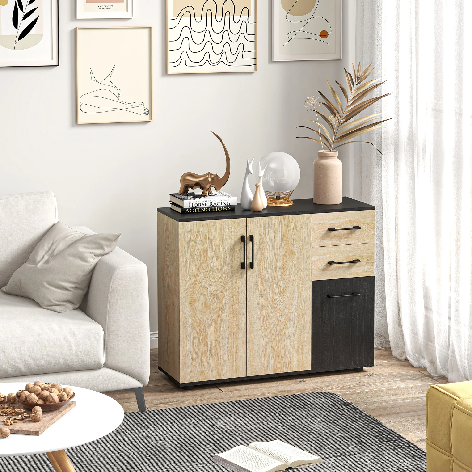 Buffet salon, meuble de rangement avec 3 portes, 2 tiroirs et étagère réglable, style moderne, buffet salle à manger, cuisine et salon, 90 x 30 x 75,5 cm, noir et bois naturel - Image 8