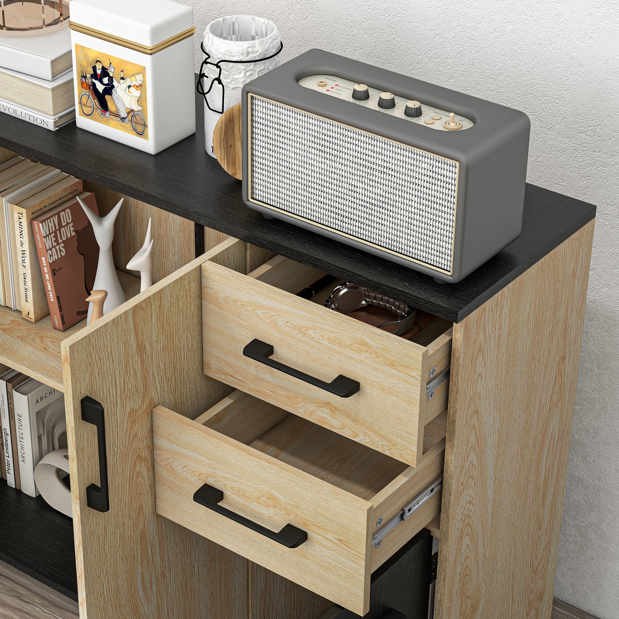 Buffet salon, meuble de rangement avec 3 portes, 2 tiroirs et étagère réglable, style moderne, buffet salle à manger, cuisine et salon, 90 x 30 x 75,5 cm, noir et bois naturel - Image 9