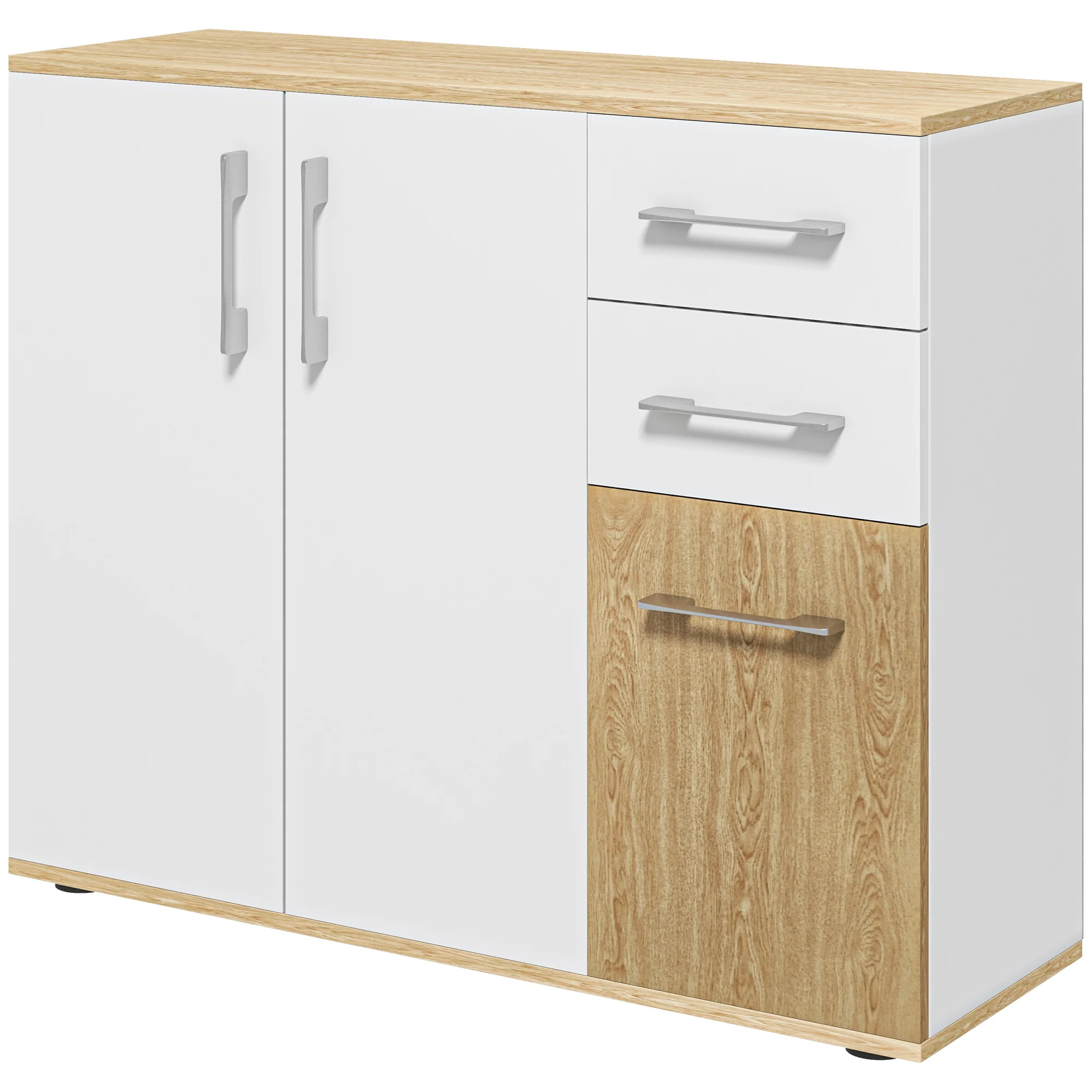Buffet salon, meuble de rangement avec 3 portes, 2 tiroirs et étagère réglable, style moderne, buffet salle à manger, cuisine et salon, 90 x 30 x 75,5 cm, blanc et bois naturel
