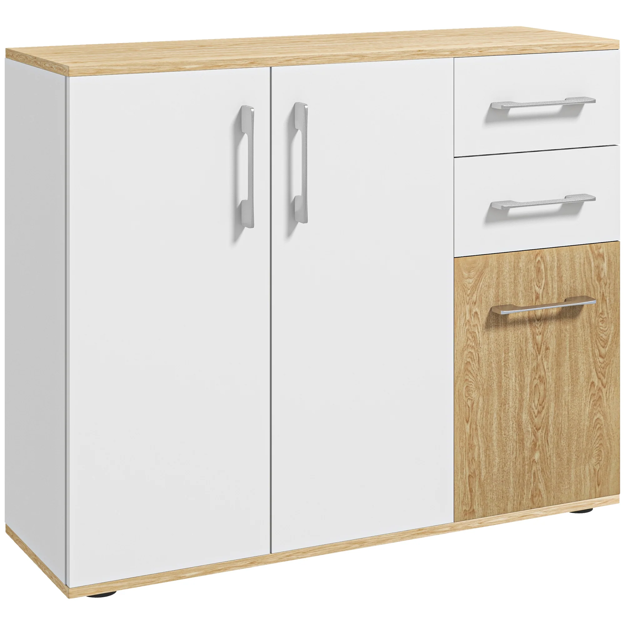 Buffet salon, meuble de rangement avec 3 portes, 2 tiroirs et étagère réglable, style moderne, buffet salle à manger, cuisine et salon, 90 x 30 x 75,5 cm, blanc et bois naturel - Image 2