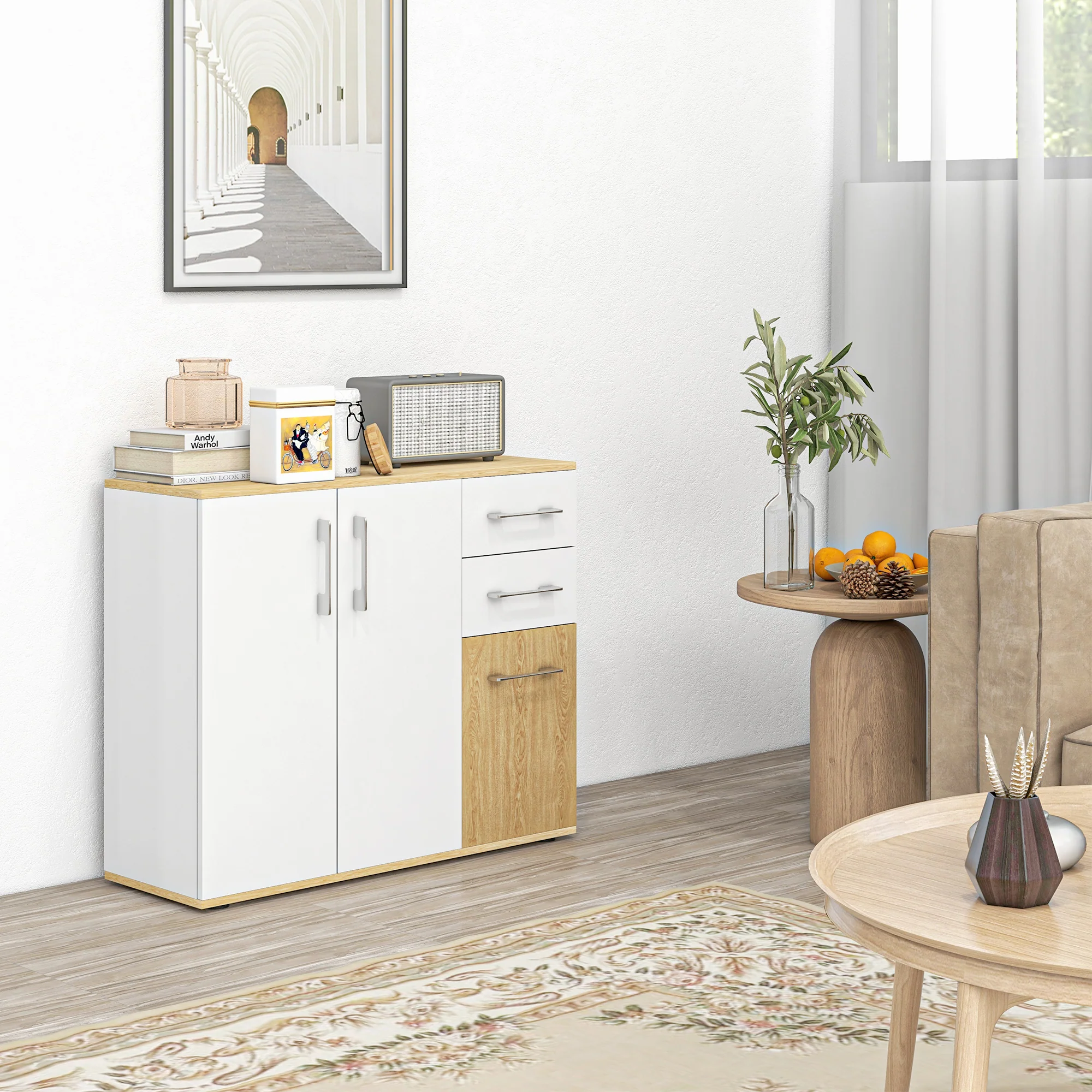 Buffet salon, meuble de rangement avec 3 portes, 2 tiroirs et étagère réglable, style moderne, buffet salle à manger, cuisine et salon, 90 x 30 x 75,5 cm, blanc et bois naturel - Image 3