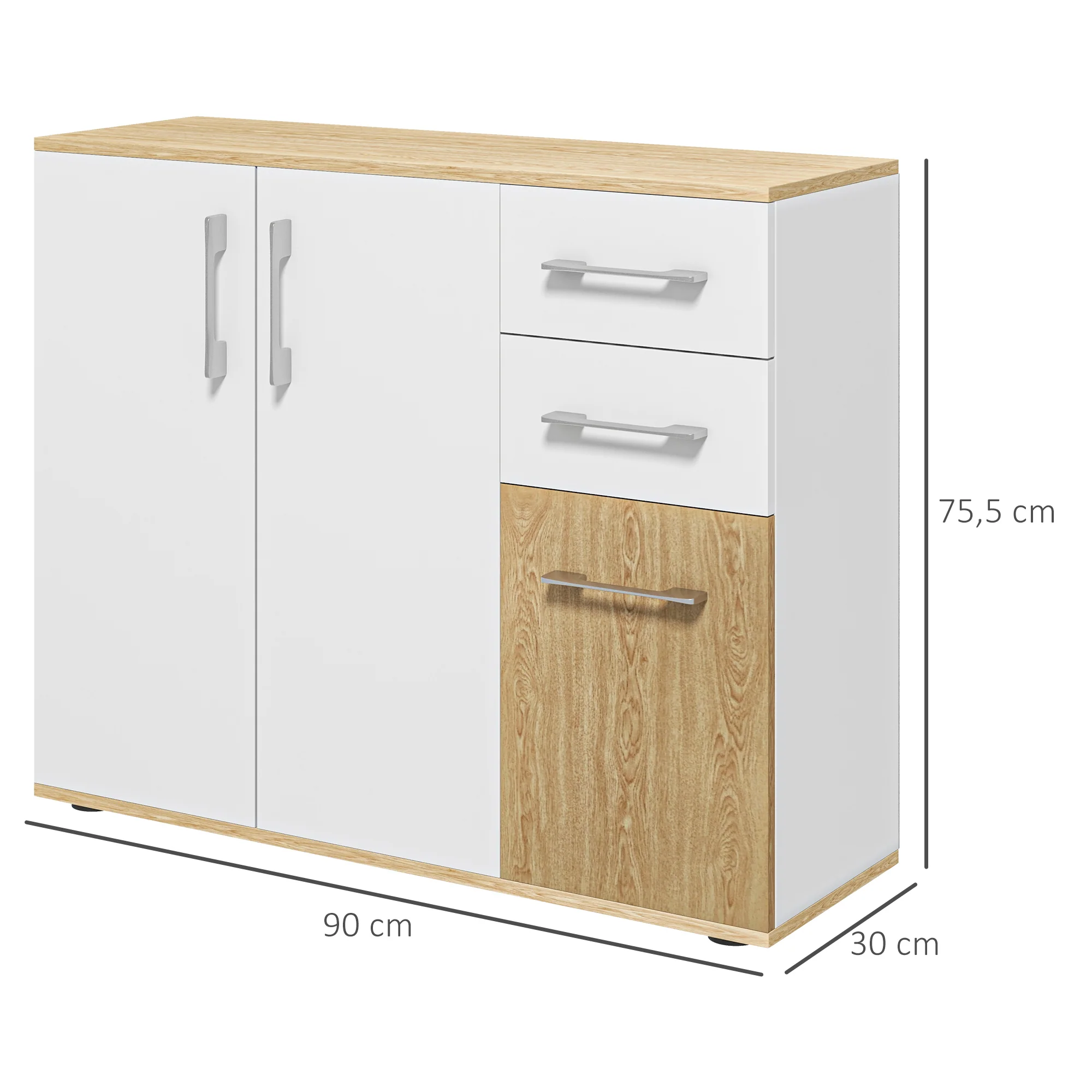 Buffet salon, meuble de rangement avec 3 portes, 2 tiroirs et étagère réglable, style moderne, buffet salle à manger, cuisine et salon, 90 x 30 x 75,5 cm, blanc et bois naturel - Image 4