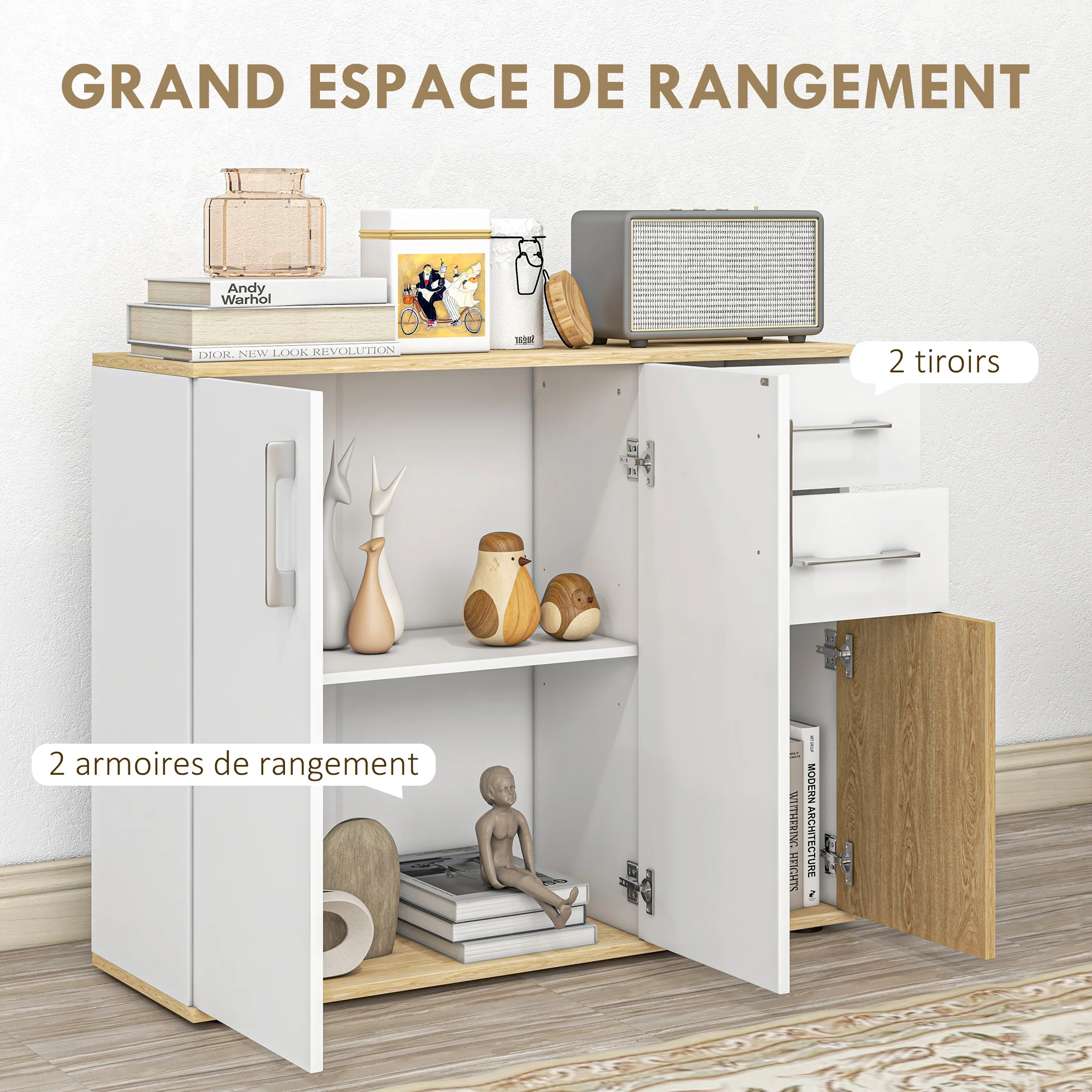 Buffet salon, meuble de rangement avec 3 portes, 2 tiroirs et étagère réglable, style moderne, buffet salle à manger, cuisine et salon, 90 x 30 x 75,5 cm, blanc et bois naturel - Image 5