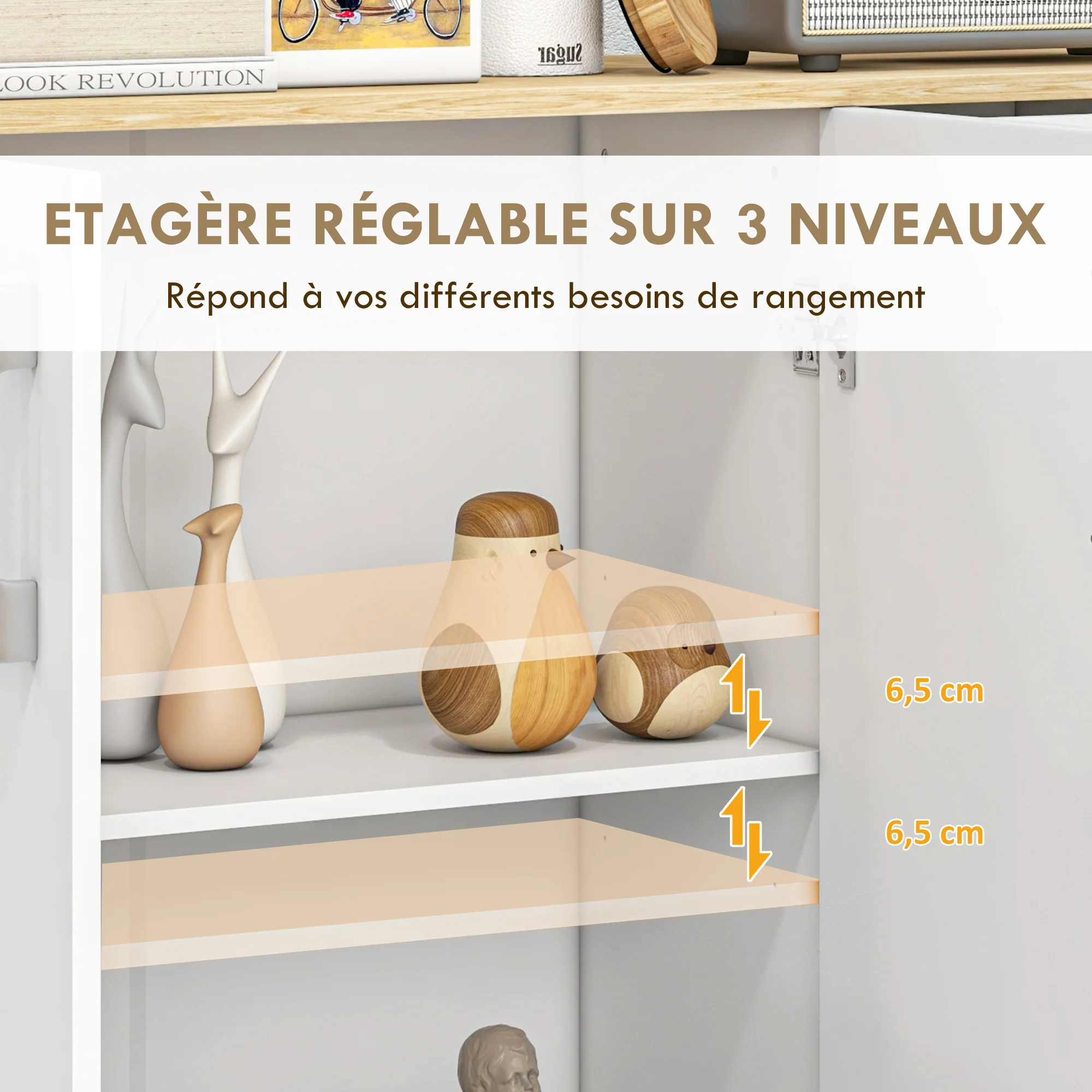 Buffet salon, meuble de rangement avec 3 portes, 2 tiroirs et étagère réglable, style moderne, buffet salle à manger, cuisine et salon, 90 x 30 x 75,5 cm, blanc et bois naturel - Image 6