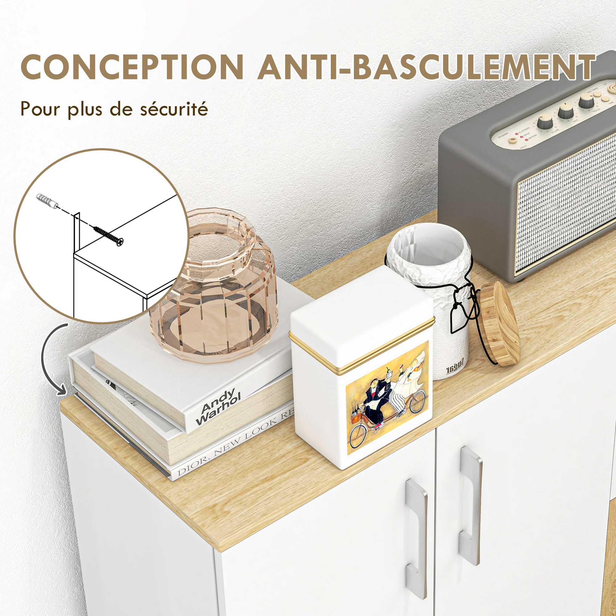 Buffet salon, meuble de rangement avec 3 portes, 2 tiroirs et étagère réglable, style moderne, buffet salle à manger, cuisine et salon, 90 x 30 x 75,5 cm, blanc et bois naturel - Image 7