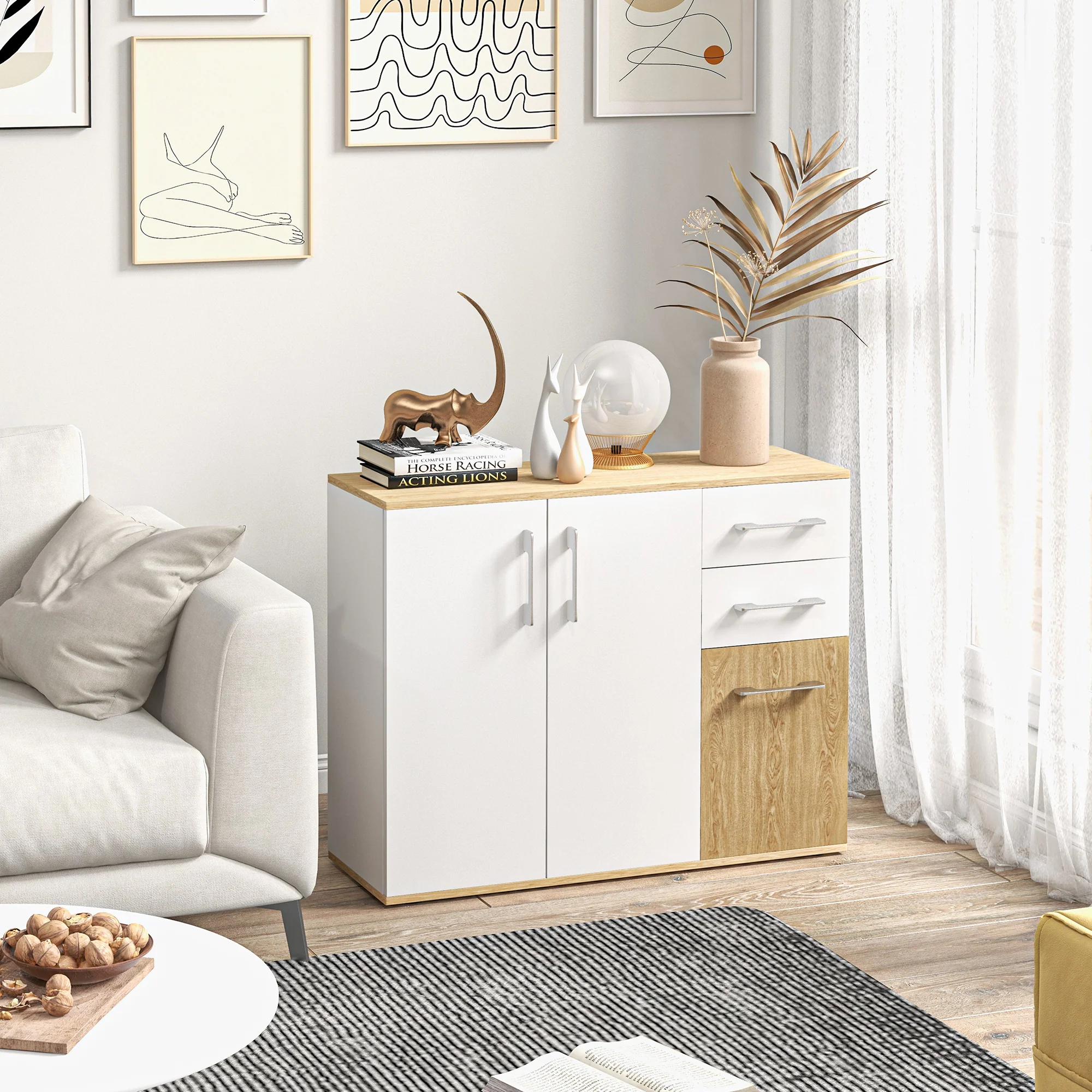 Buffet salon, meuble de rangement avec 3 portes, 2 tiroirs et étagère réglable, style moderne, buffet salle à manger, cuisine et salon, 90 x 30 x 75,5 cm, blanc et bois naturel - Image 8