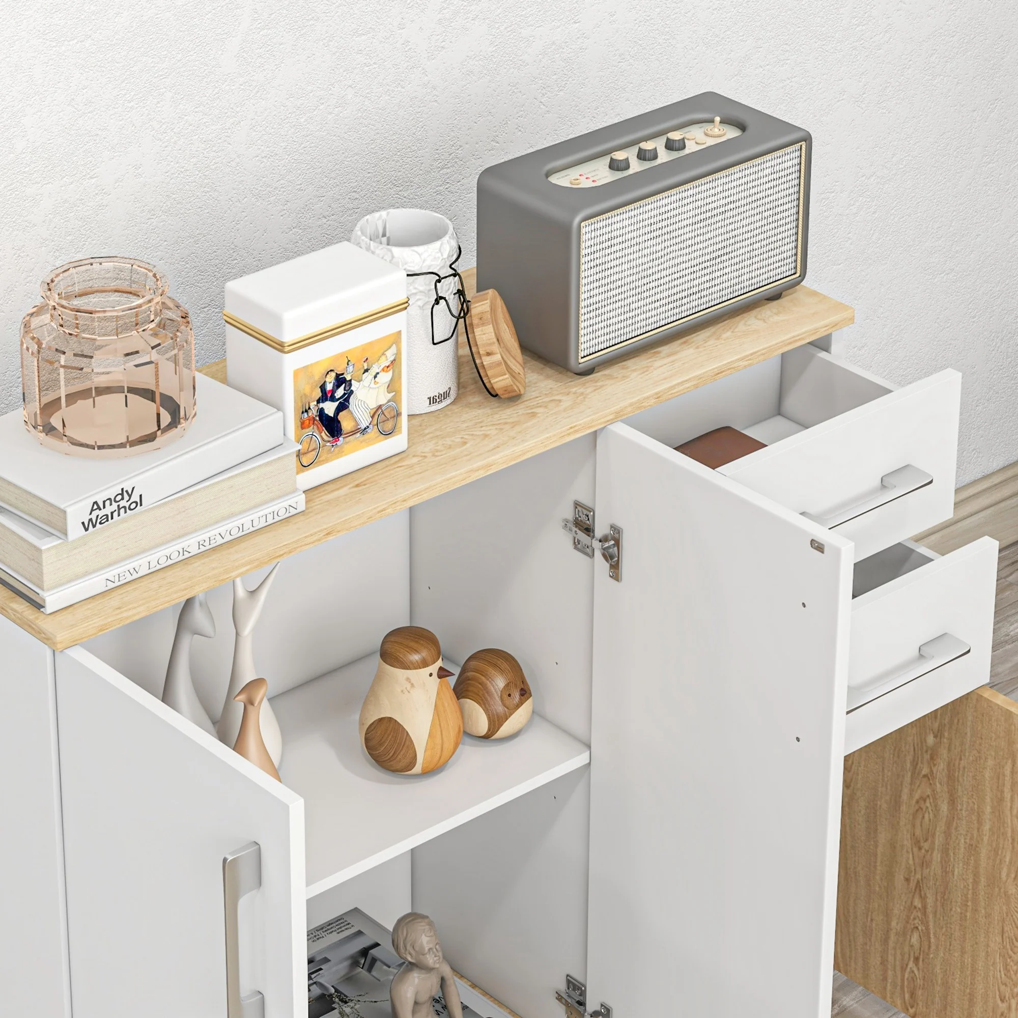 Buffet salon, meuble de rangement avec 3 portes, 2 tiroirs et étagère réglable, style moderne, buffet salle à manger, cuisine et salon, 90 x 30 x 75,5 cm, blanc et bois naturel - Image 9