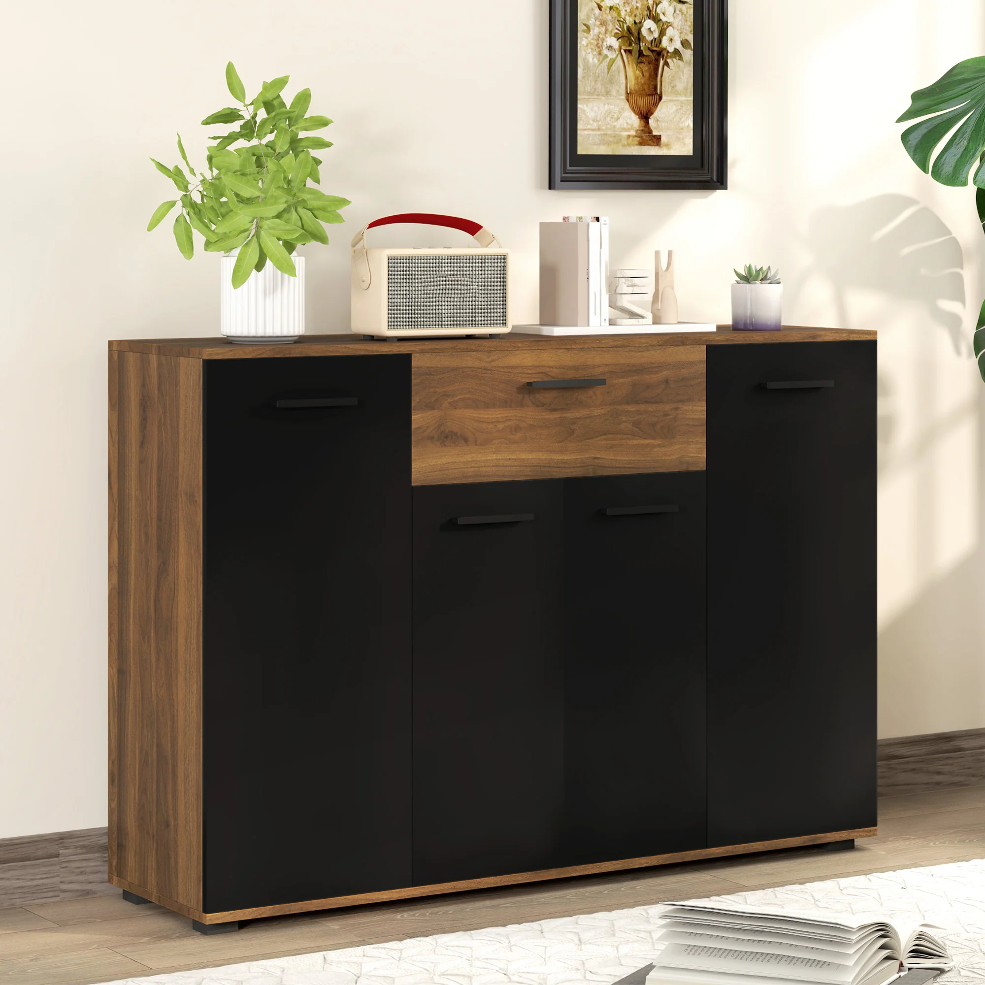 Buffet salon meuble de rangement avec 4 placards, tiroirs et étagères réglables, dim. 120 x 35 x 85 cm, marron et noir - Image 3