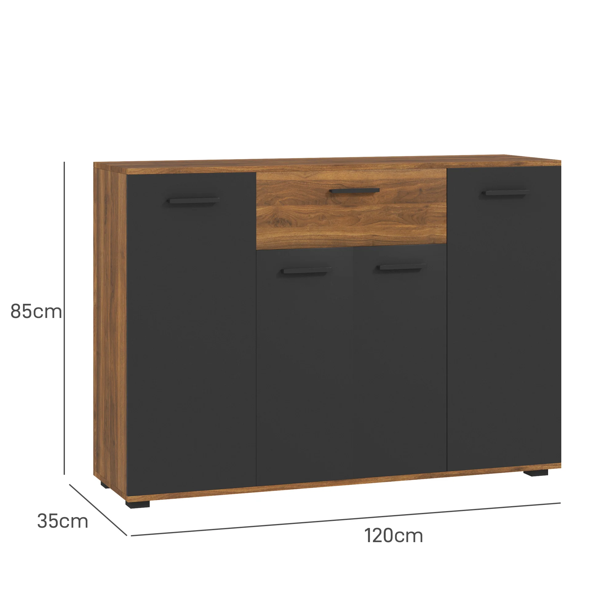 Buffet salon meuble de rangement avec 4 placards, tiroirs et étagères réglables, dim. 120 x 35 x 85 cm, marron et noir - Image 4