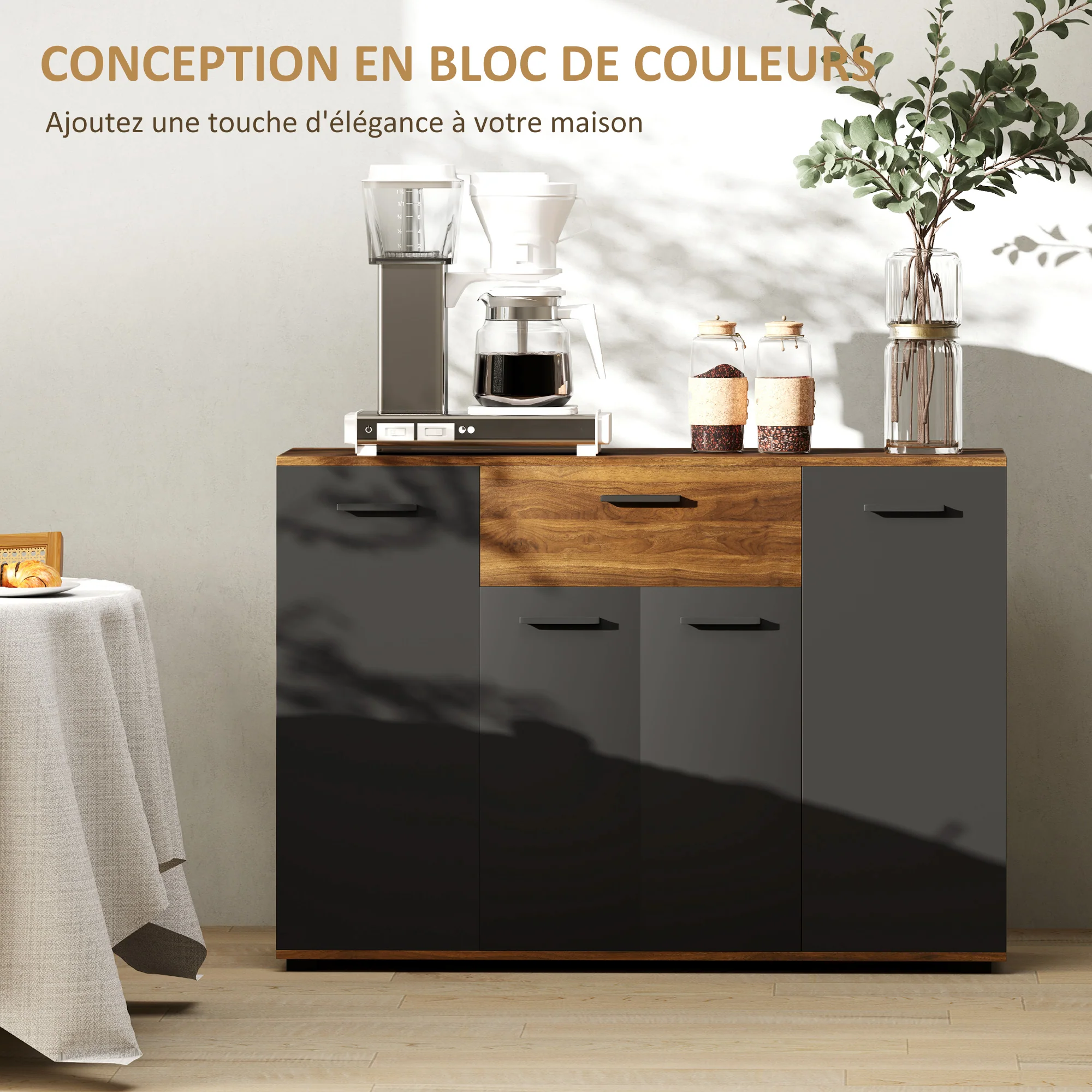 Buffet salon meuble de rangement avec 4 placards, tiroirs et étagères réglables, dim. 120 x 35 x 85 cm, marron et noir - Image 5