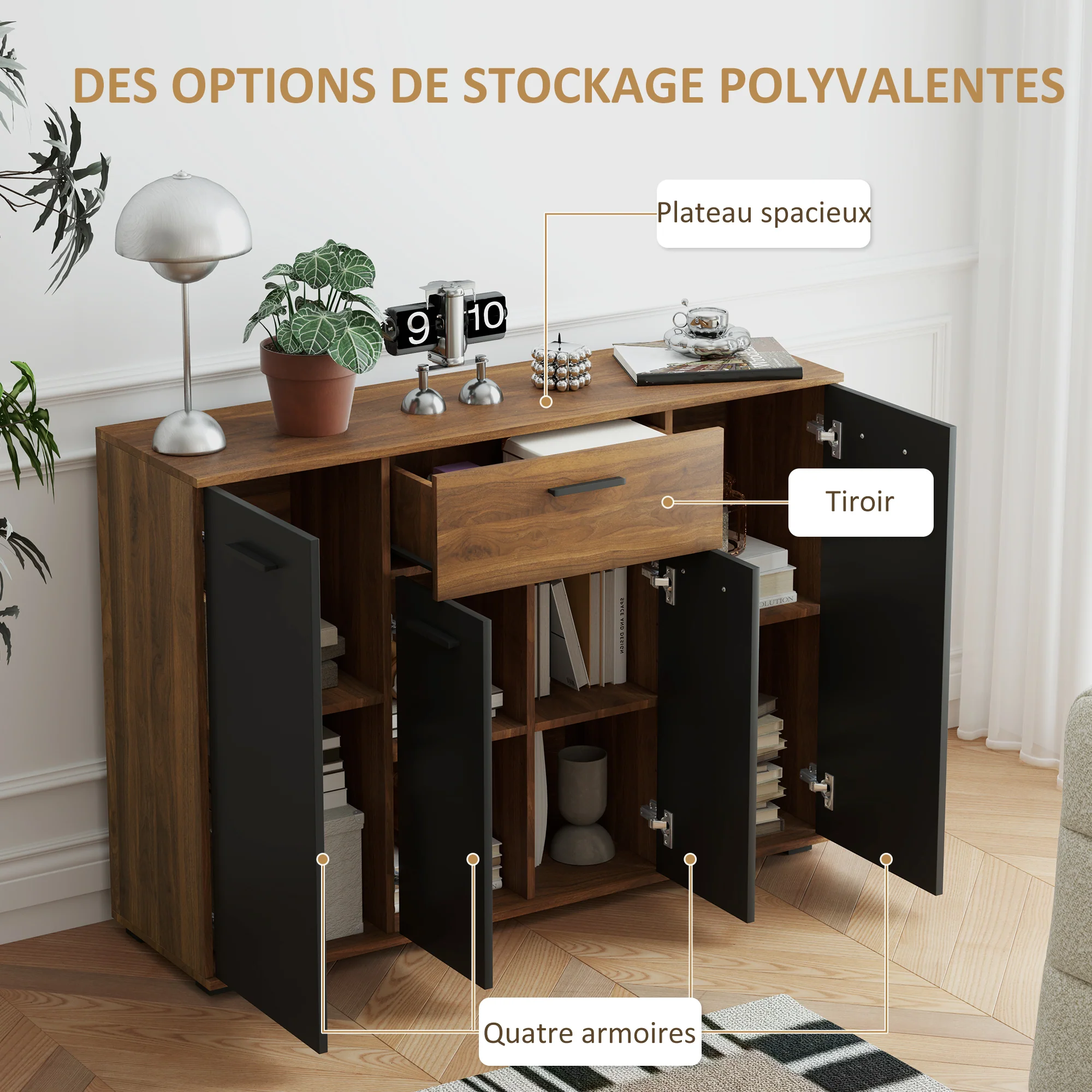 Buffet salon meuble de rangement avec 4 placards, tiroirs et étagères réglables, dim. 120 x 35 x 85 cm, marron et noir - Image 6