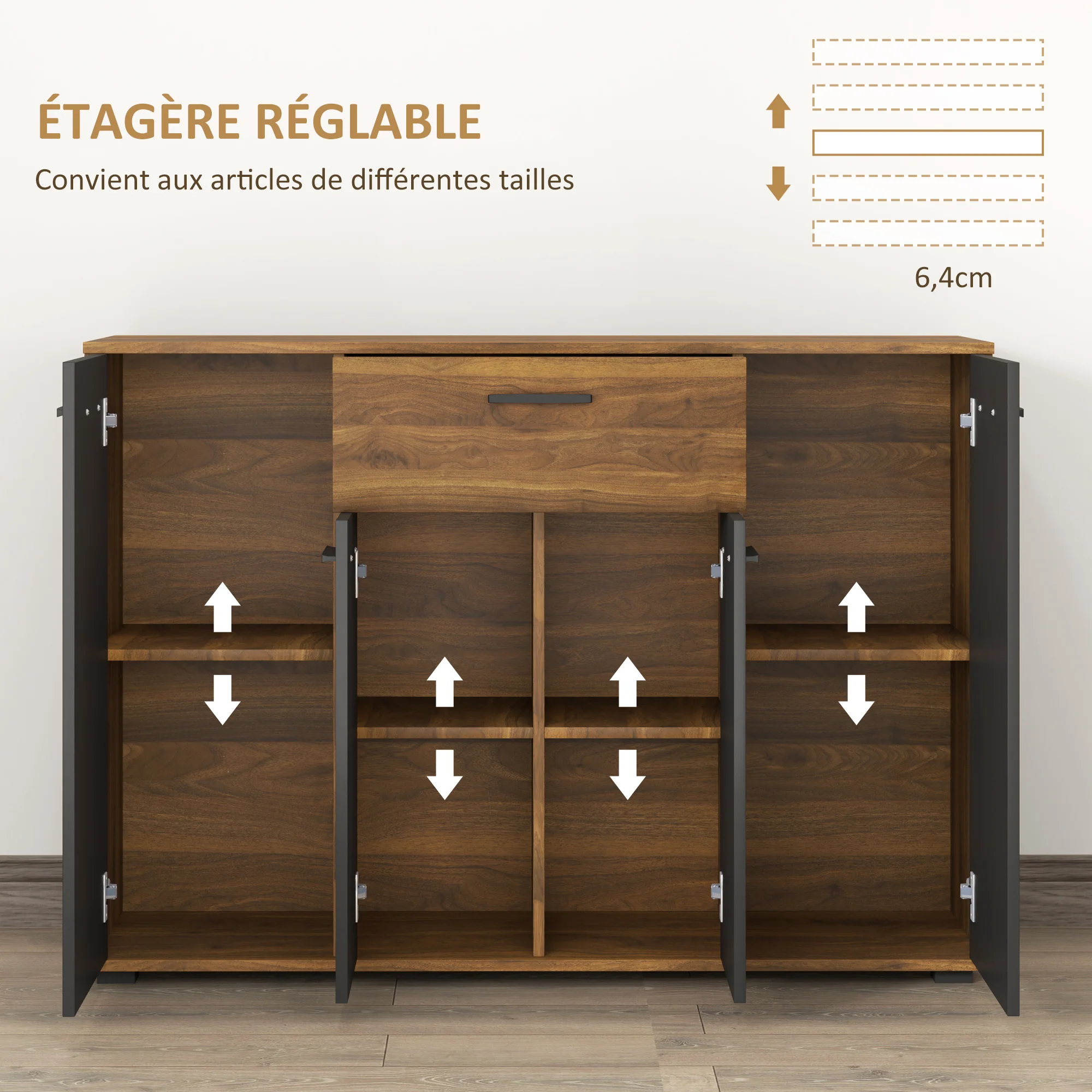 Buffet salon meuble de rangement avec 4 placards, tiroirs et étagères réglables, dim. 120 x 35 x 85 cm, marron et noir - Image 7