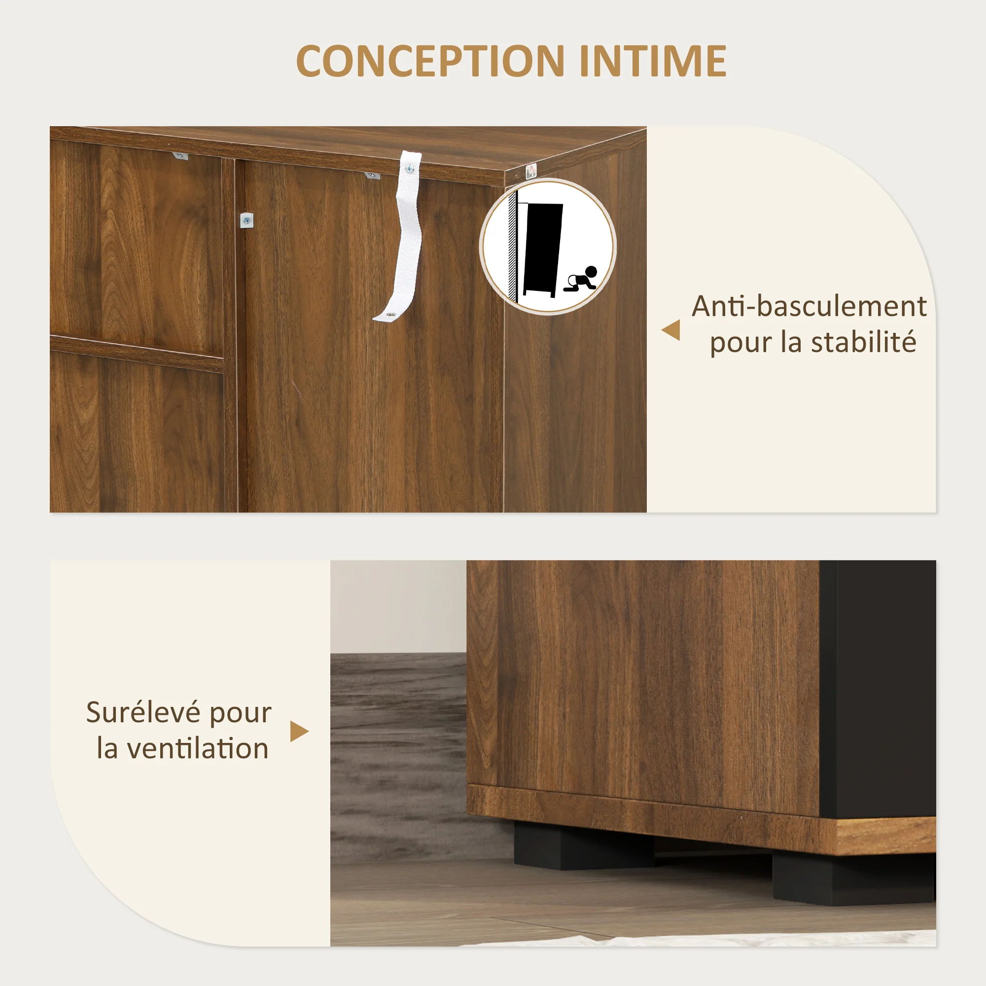 Buffet salon meuble de rangement avec 4 placards, tiroirs et étagères réglables, dim. 120 x 35 x 85 cm, marron et noir - Image 8