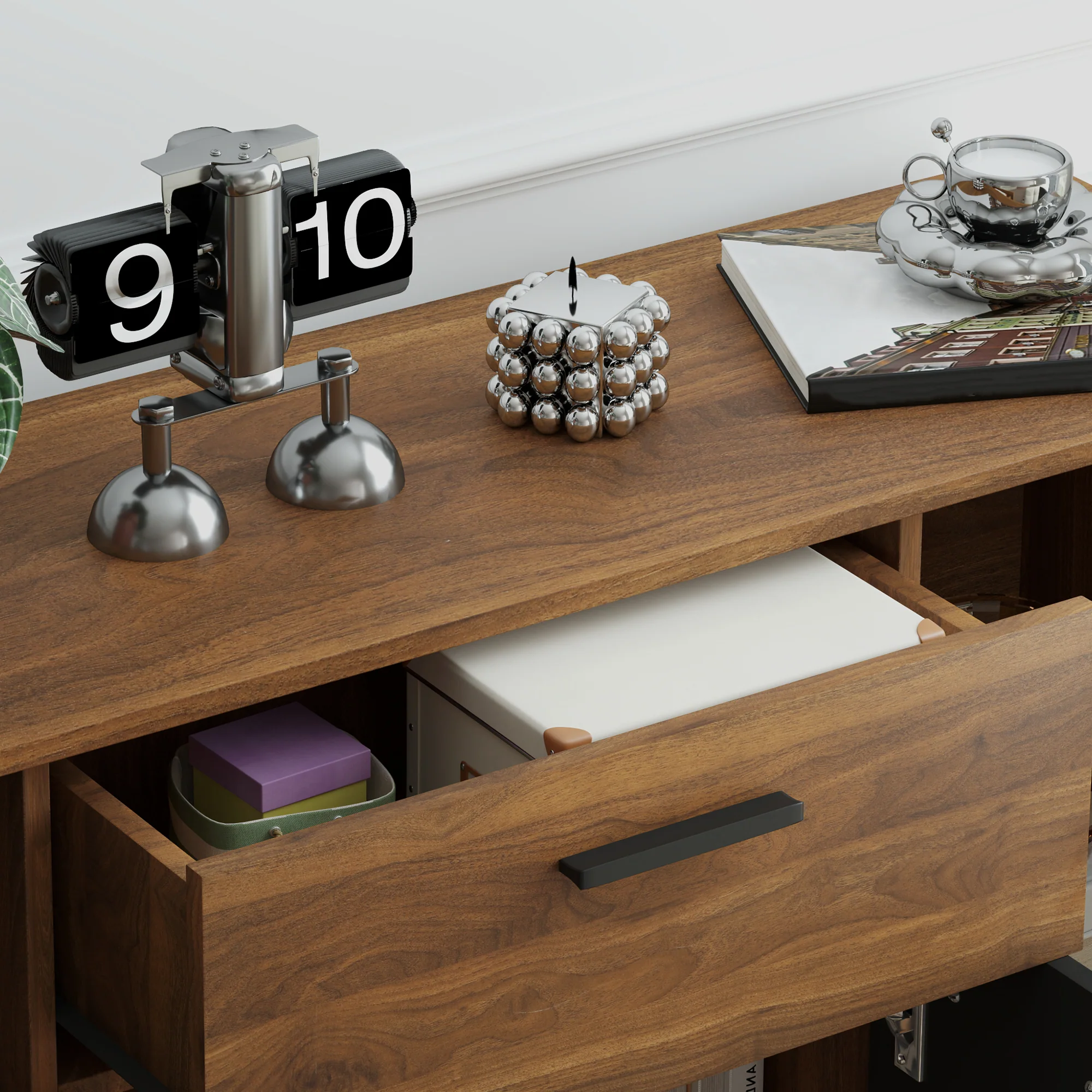 Buffet salon meuble de rangement avec 4 placards, tiroirs et étagères réglables, dim. 120 x 35 x 85 cm, marron et noir - Image 9