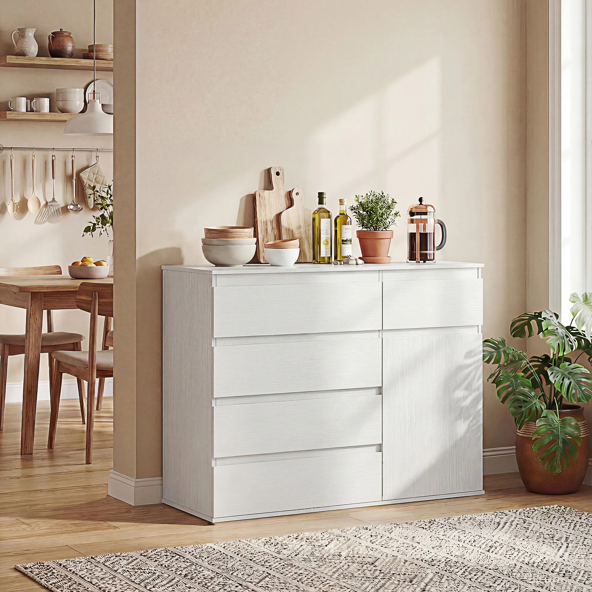Buffet salon, meuble de rangement avec 5 tiroirs, étagère réglable et porte à fermeture douce, style moderne, buffet salle à manger et cuisine, 100 x 40 x 80 cm, blanc - Image 10