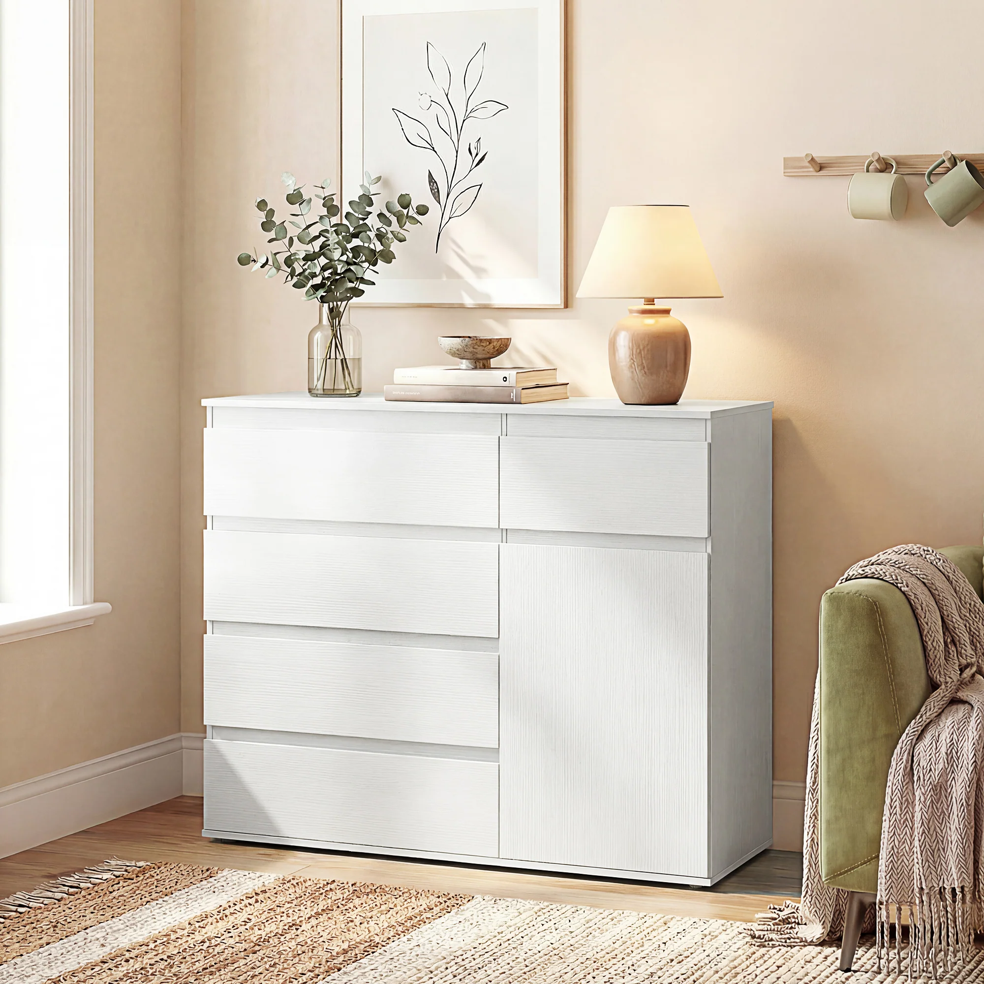 Buffet salon, meuble de rangement avec 5 tiroirs, étagère réglable et porte à fermeture douce, style moderne, buffet salle à manger et cuisine, 100 x 40 x 80 cm, blanc - Image 11