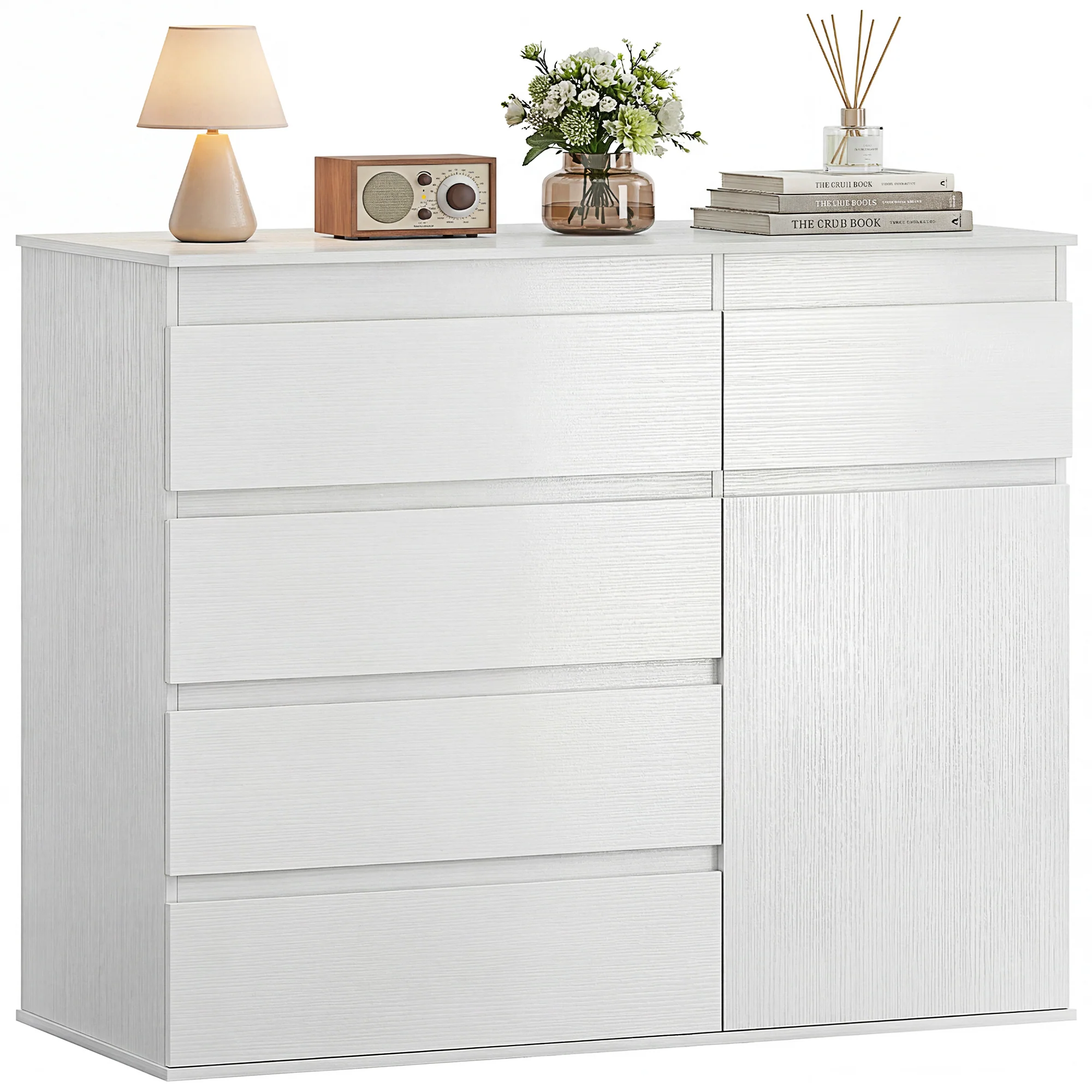 Buffet salon, meuble de rangement avec 5 tiroirs, étagère réglable et porte à fermeture douce, style moderne, buffet salle à manger et cuisine, 100 x 40 x 80 cm, blanc - Image 12