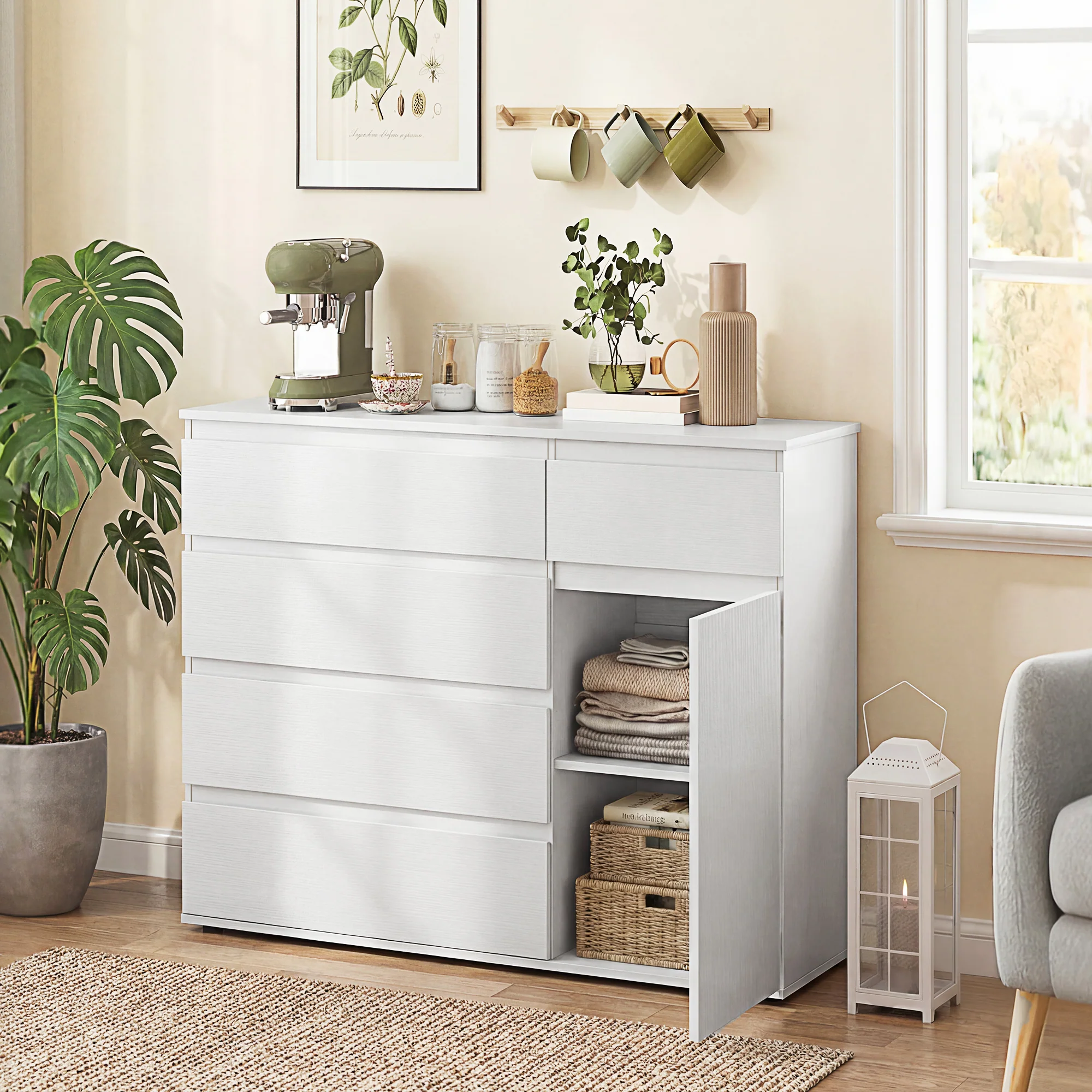 Buffet salon, meuble de rangement avec 5 tiroirs, étagère réglable et porte à fermeture douce, style moderne, buffet salle à manger et cuisine, 100 x 40 x 80 cm, blanc - Image 3
